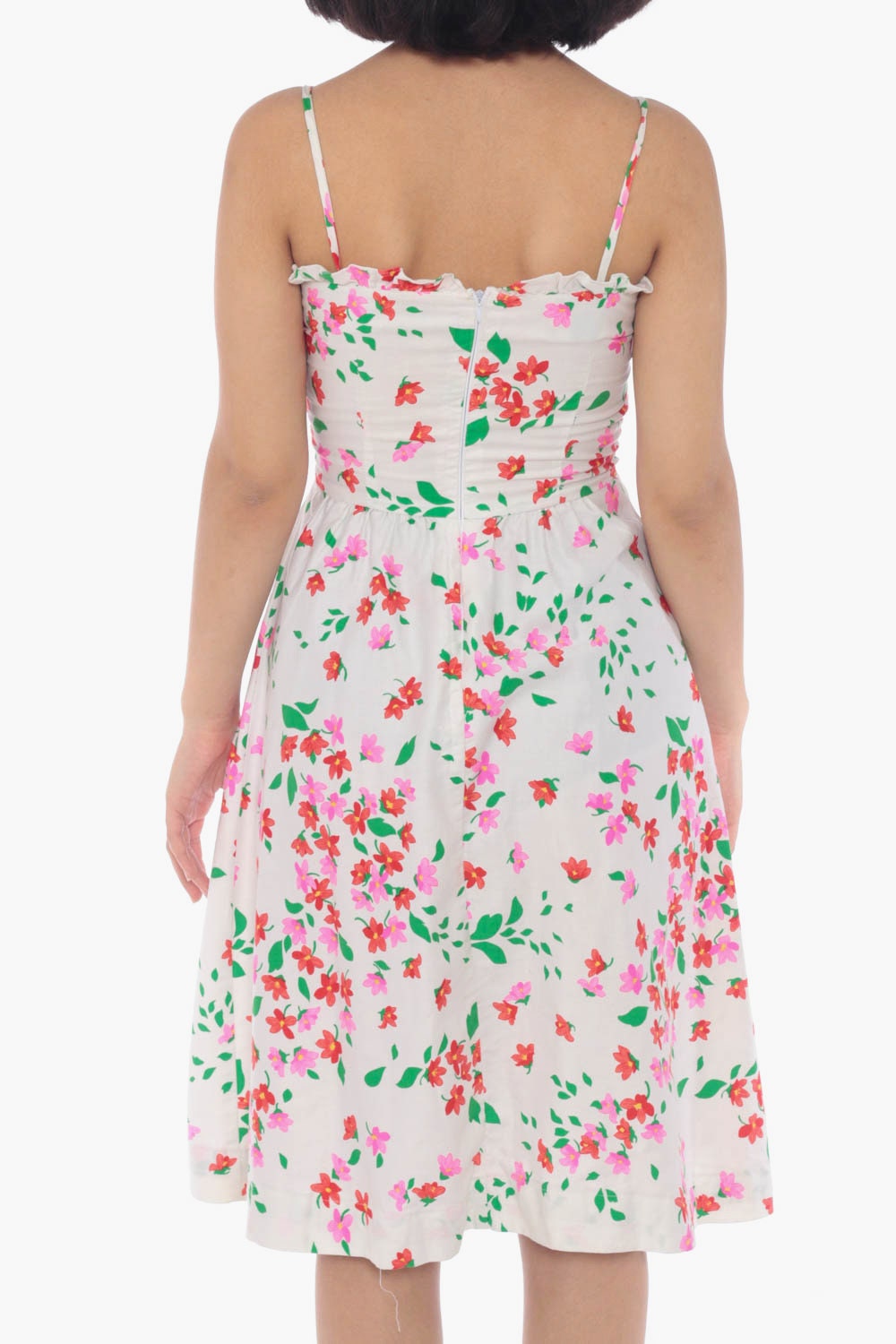 70s White Floral Midi Sundress Pink Red Print High Waist Spaghetti Strap Extra Small