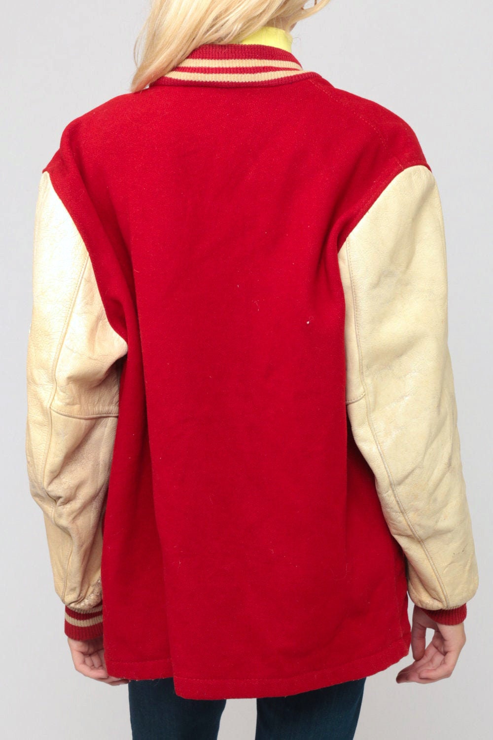 80s Wool Varsity Jacket Red Leather Sleeves Unisex Large