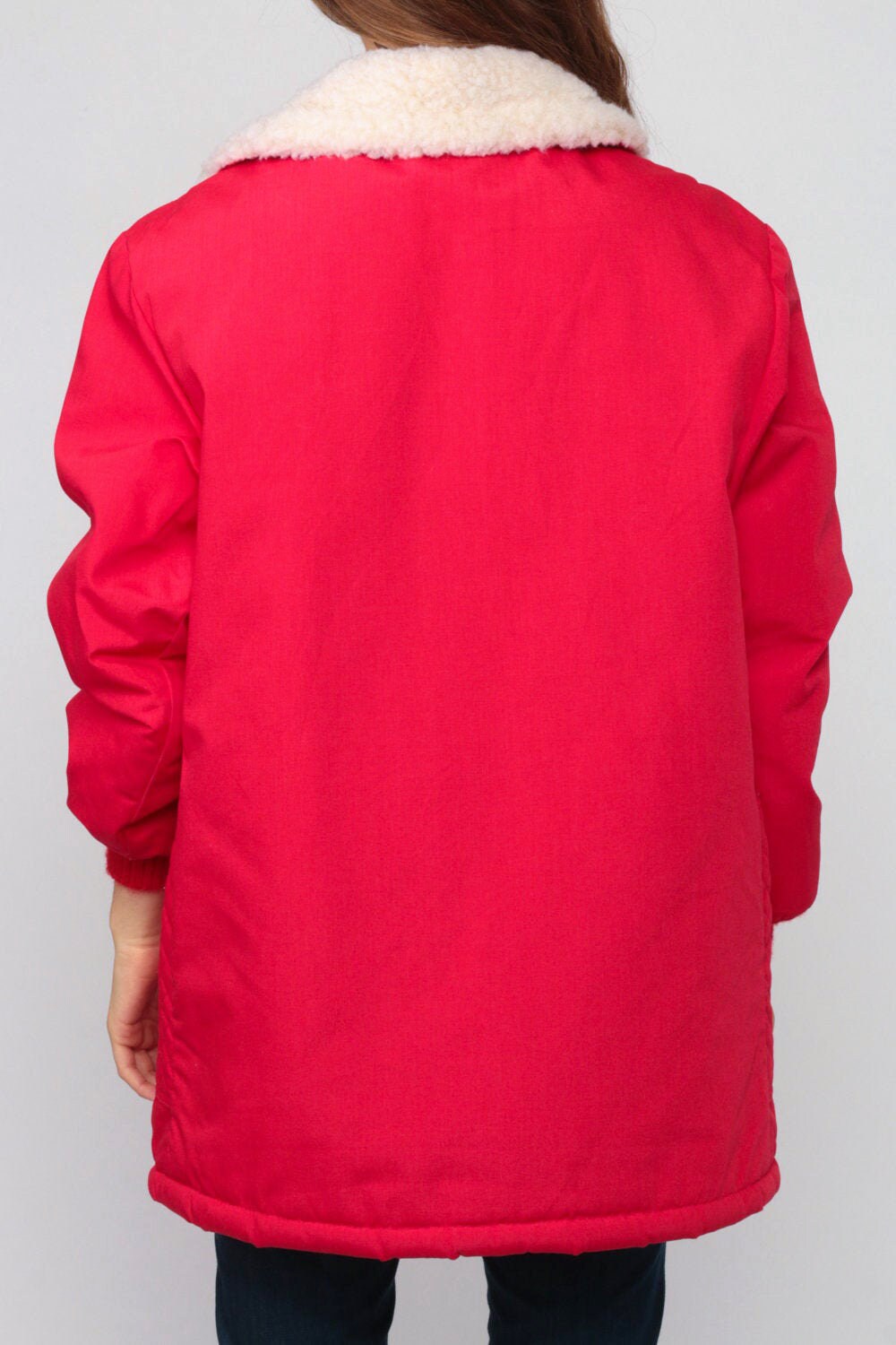 70s Red Puffer Ski Jacket Sherpa Lining Zip Front Large