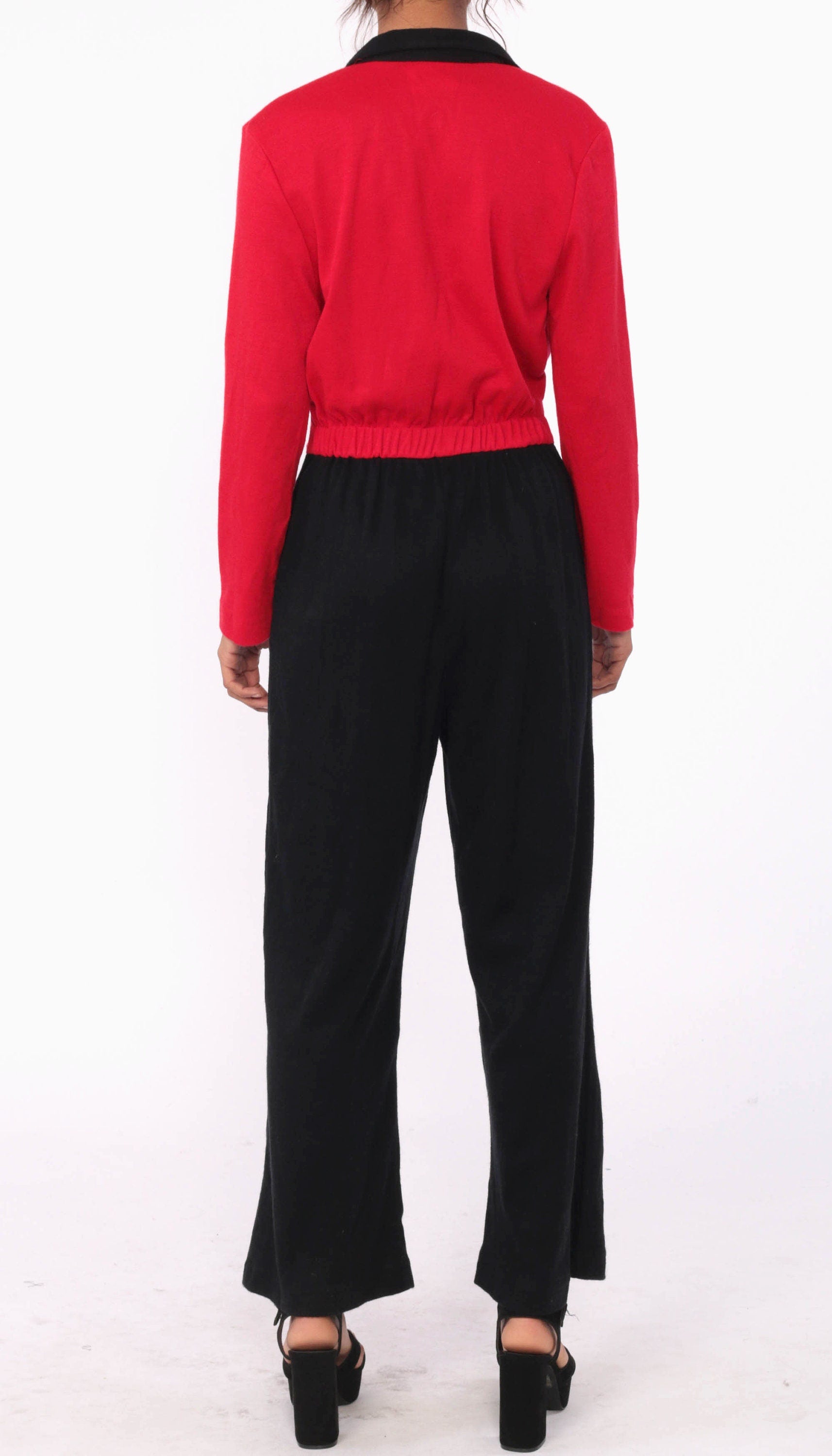 80s Color Block Jumpsuit Red Black Wrap V-Neck Small