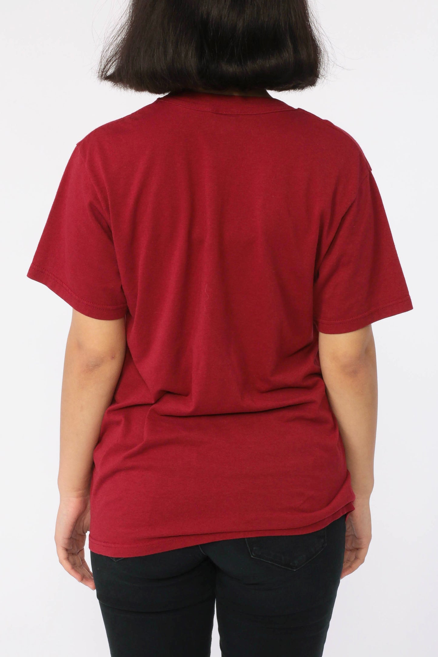80s Burgundy Cotton Pocket T-Shirt Plain Tee Extra Small