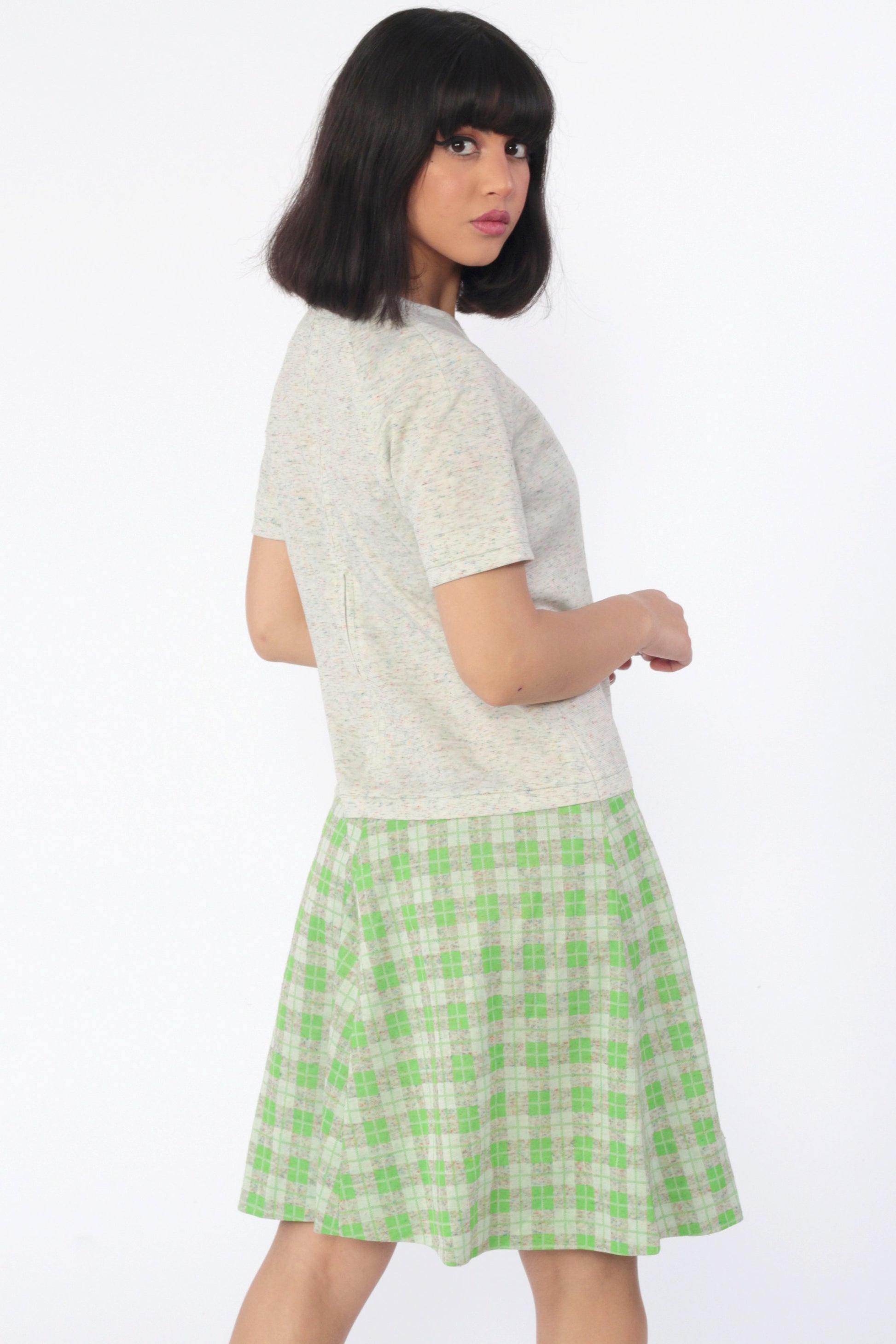 60s Mod Plaid Drop Waist Shift Dress Short Sleeve Knee-Length Medium