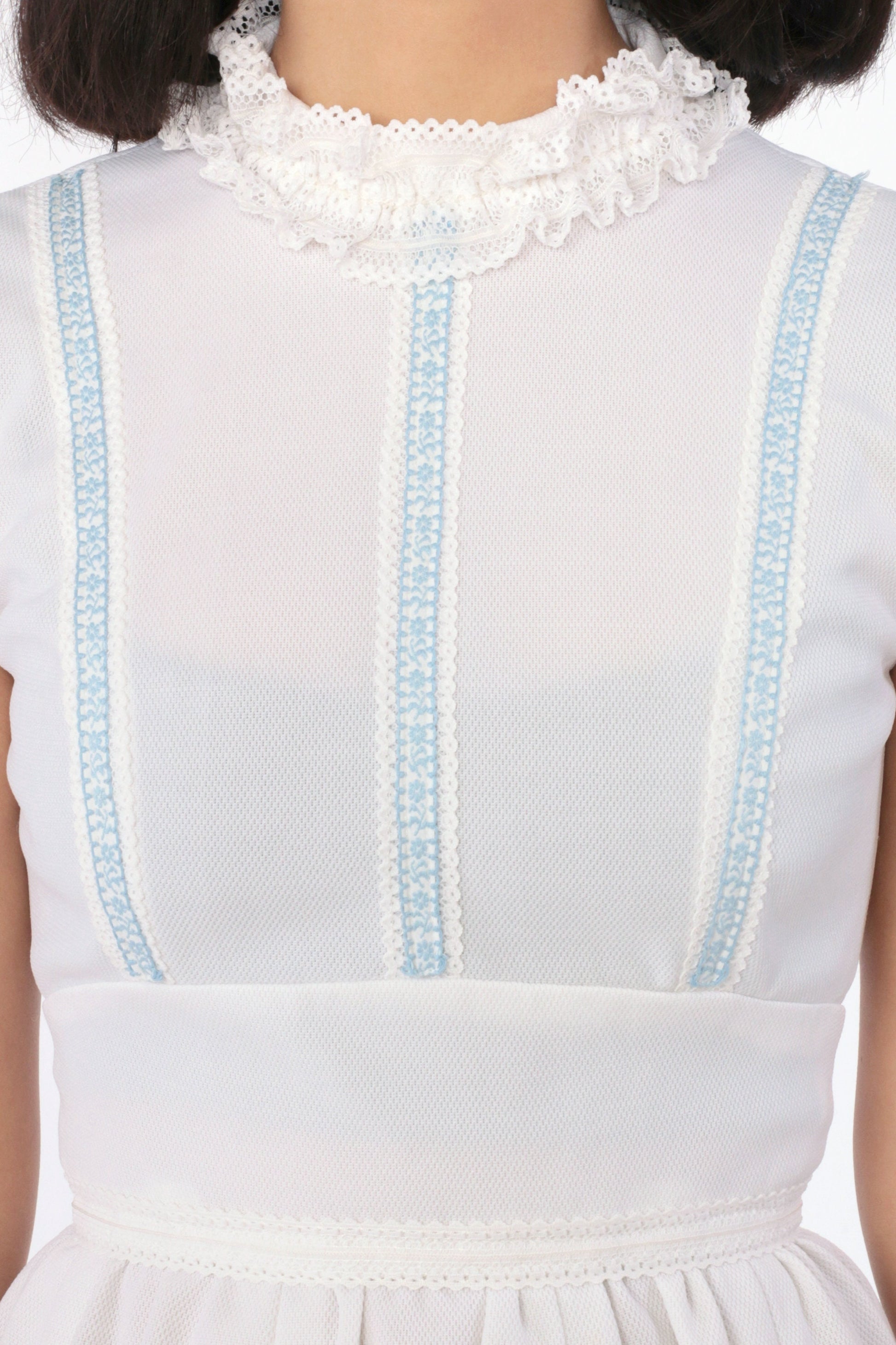 70s White Babydoll Mini Dress Empire Waist Lace Collar Sleeveless Extra Small