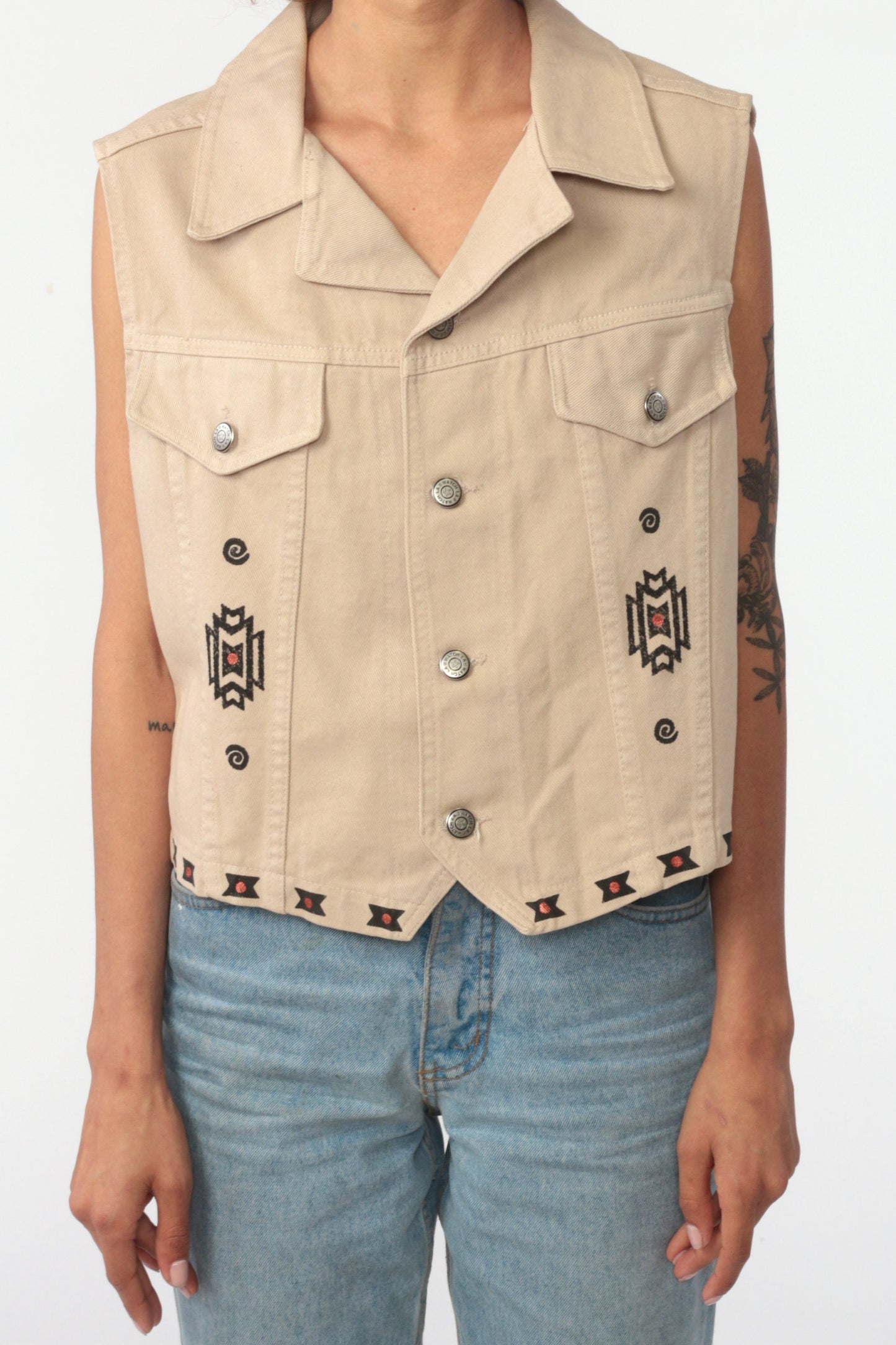 80s Watch LA Denim Vest Tan Southwestern Bear Print Medium