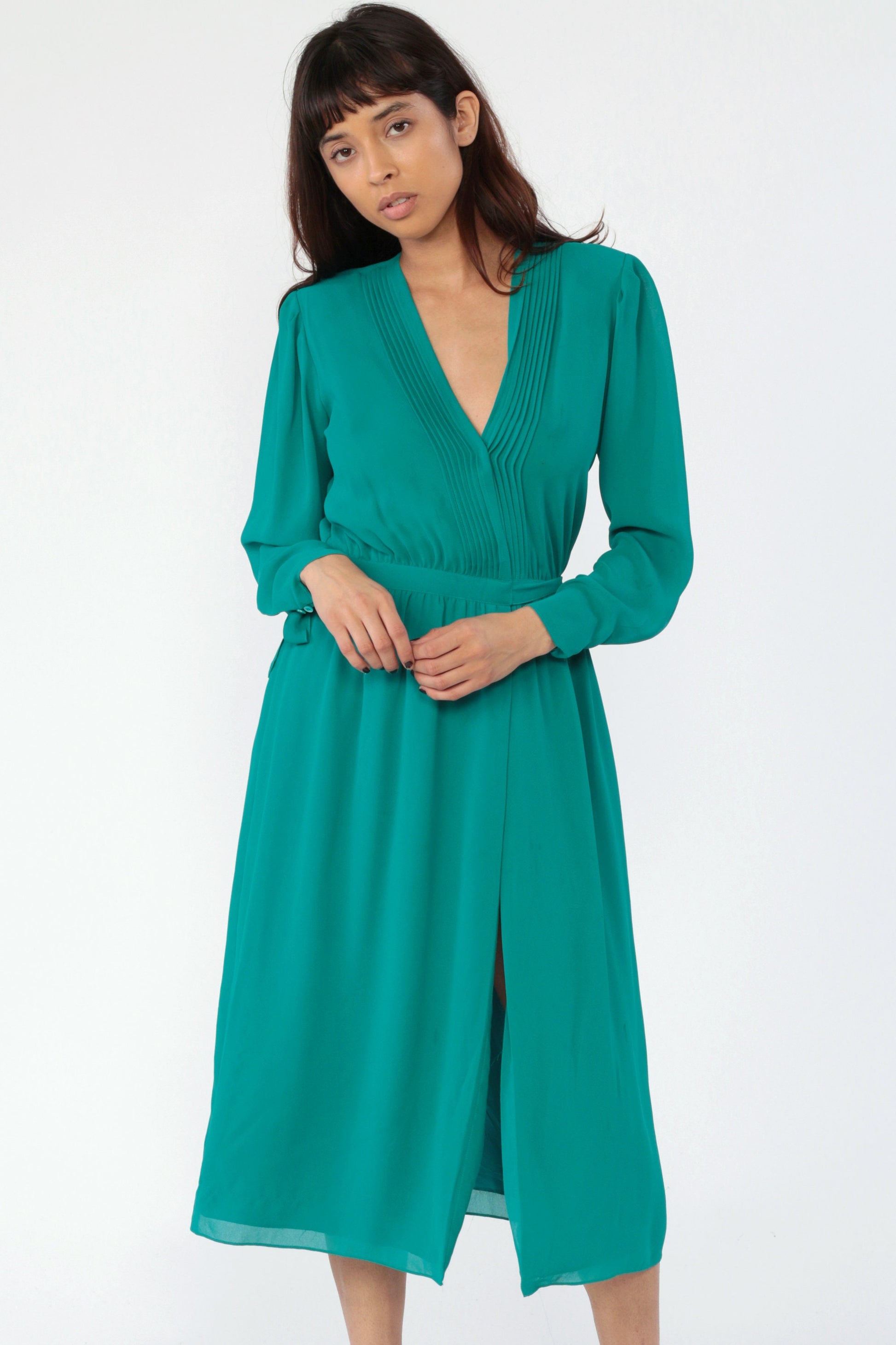 70s Teal Wrap Dress Deep V Neck Puff Sleeve High Waist Midi Small