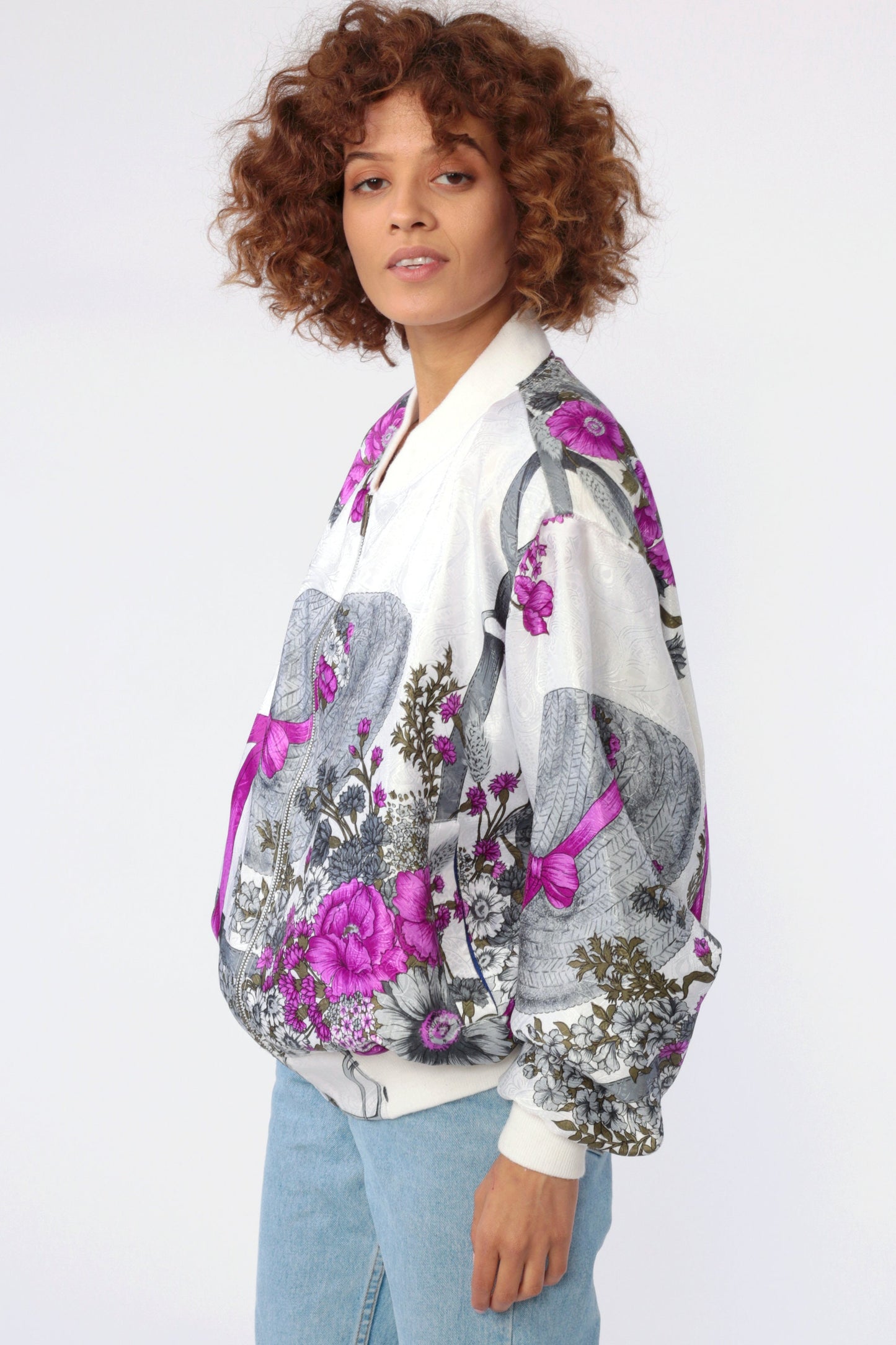 90s Floral Hat Print Windbreaker Jacket White Purple Medium