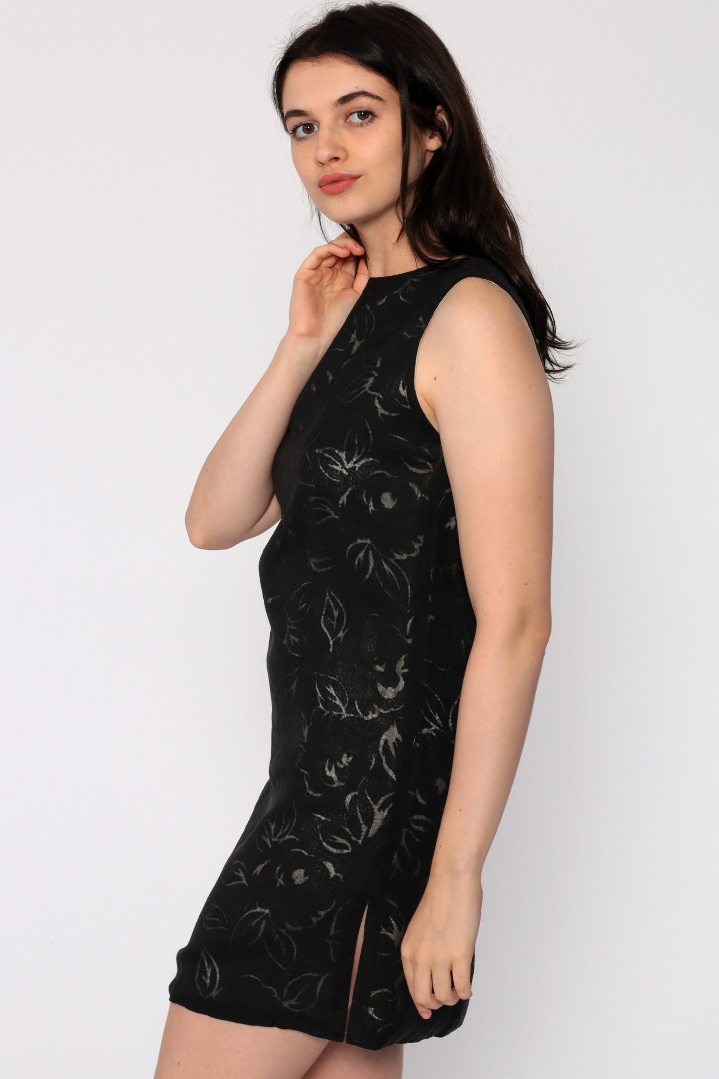 90s Black Floral Burnout Mini Dress Sleeveless Shift Extra Small