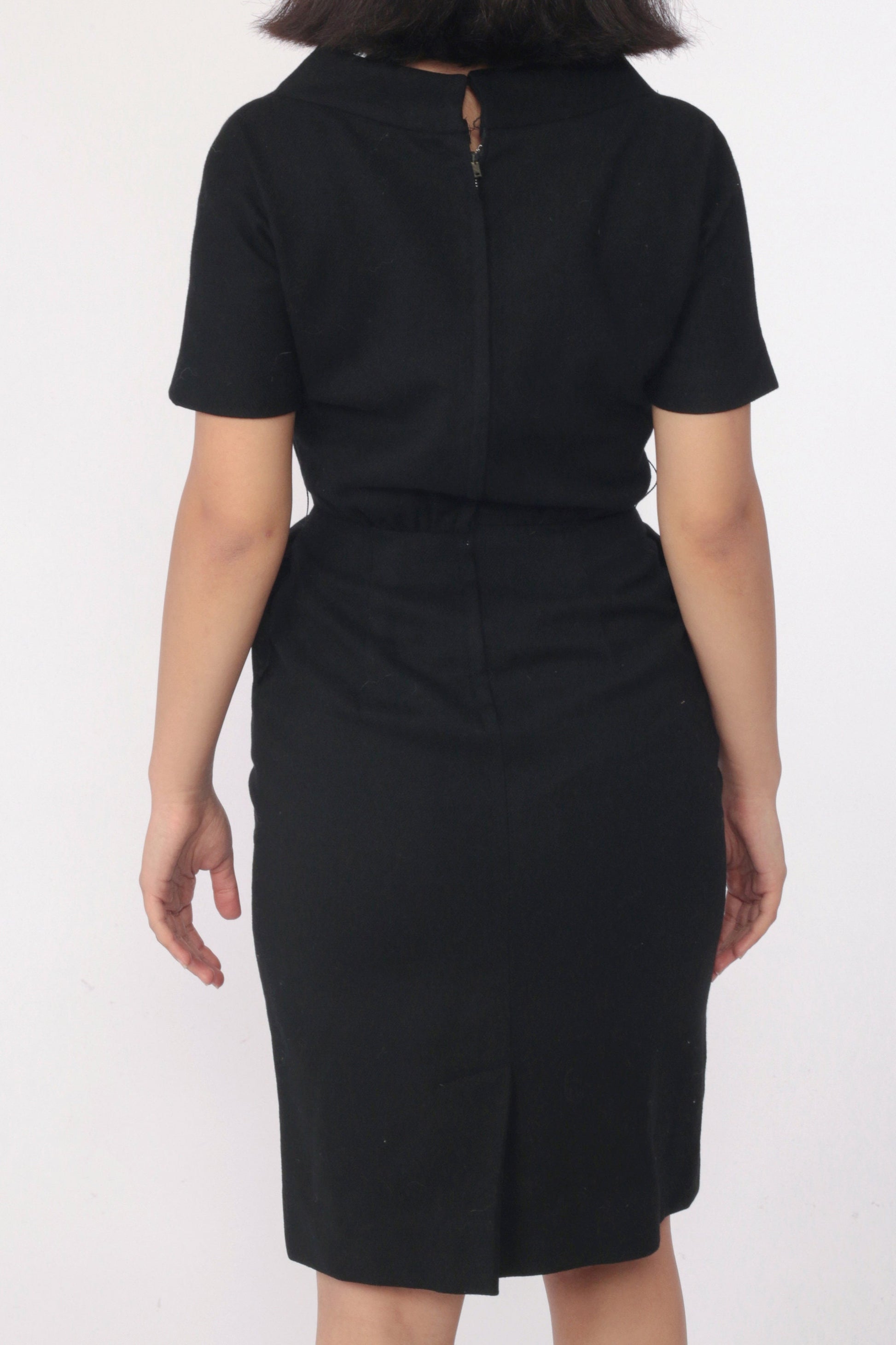 1960s Sue Brett Junior Black Wool Mini Sheath Dress Cap Sleeve Extra Small