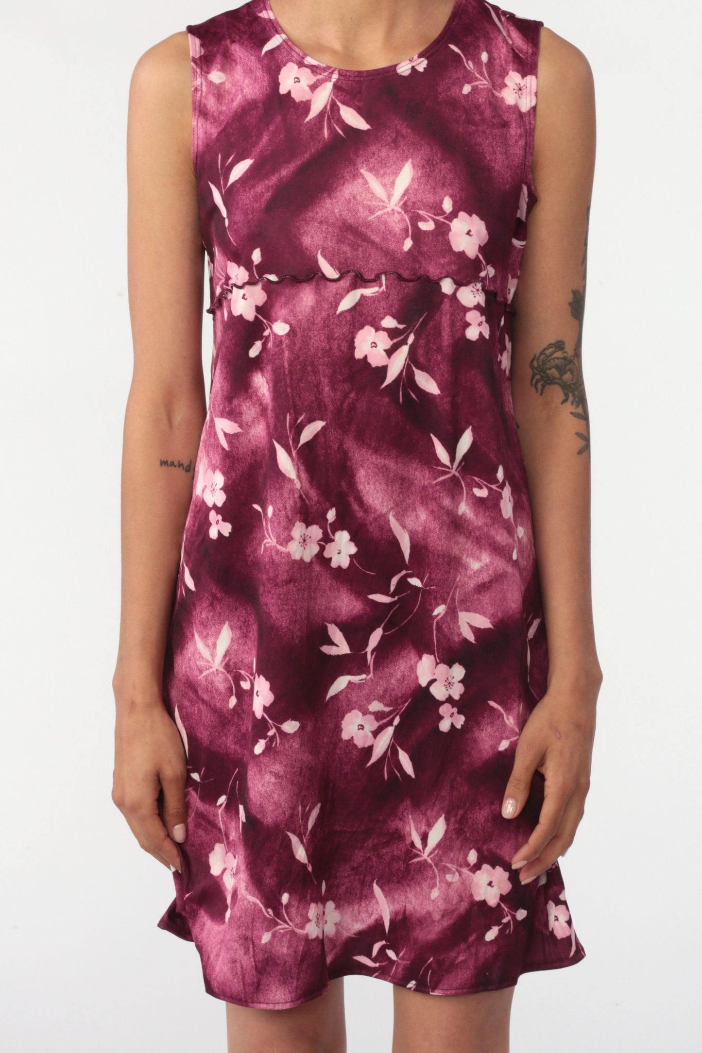 90s Floral Mini Dress Purple White Lettuce Edge Sleeveless Sheath Small