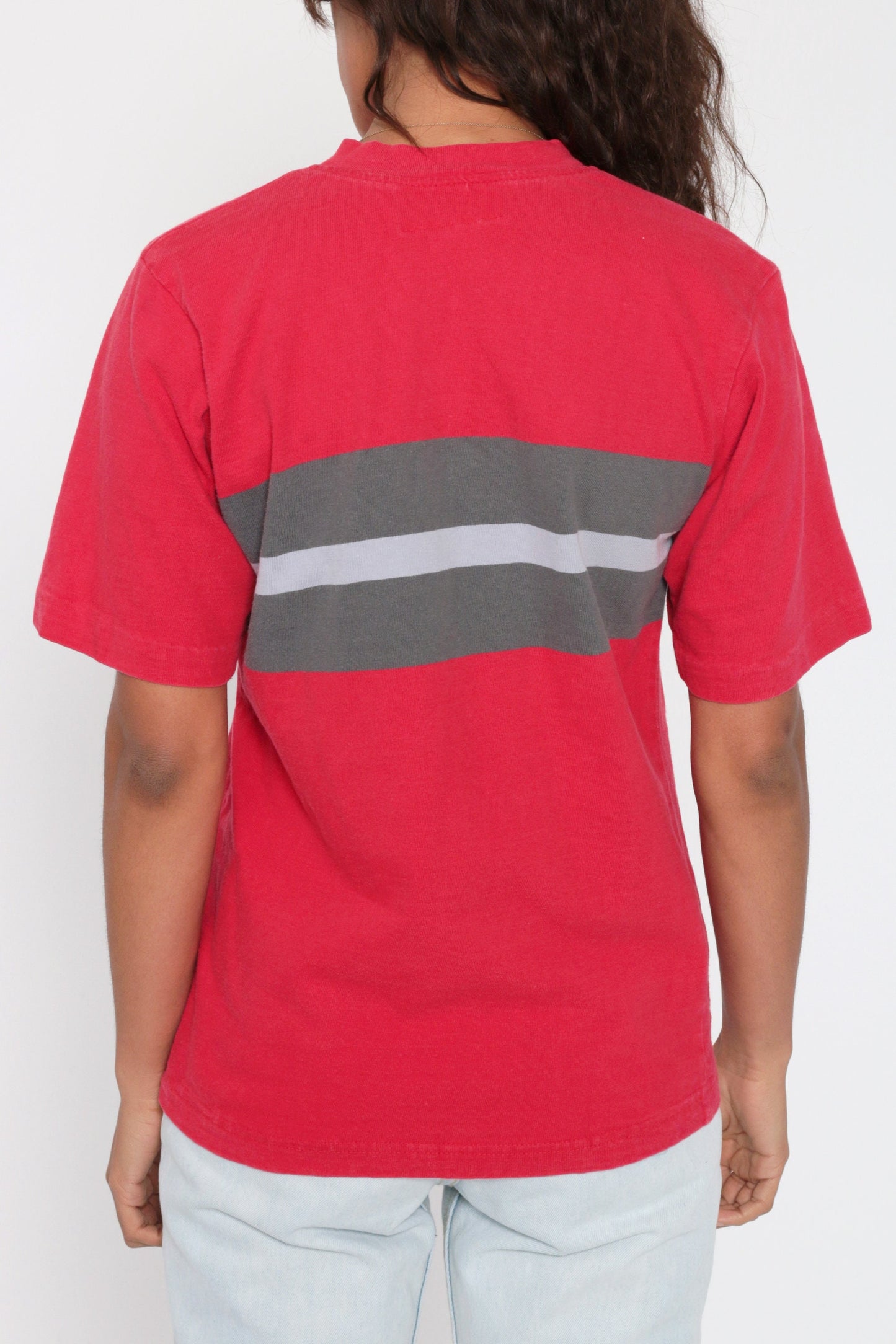 1970s Red Striped Polo Shirt Grey Color Block Half Button Cotton Small