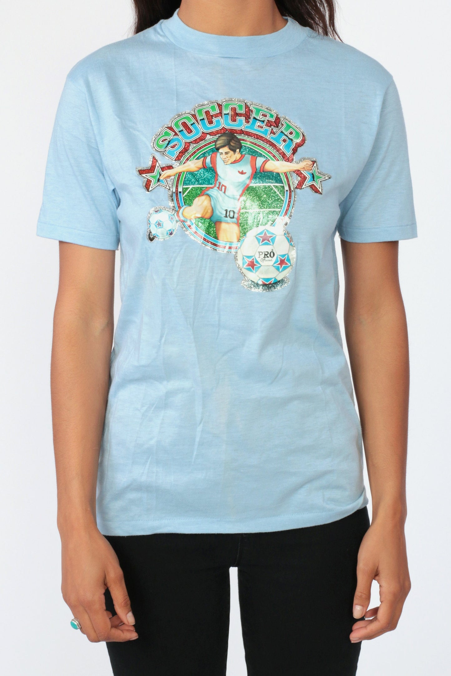 80s Soccer Iron On T-Shirt Baby Blue Graphic Tee Extra Small