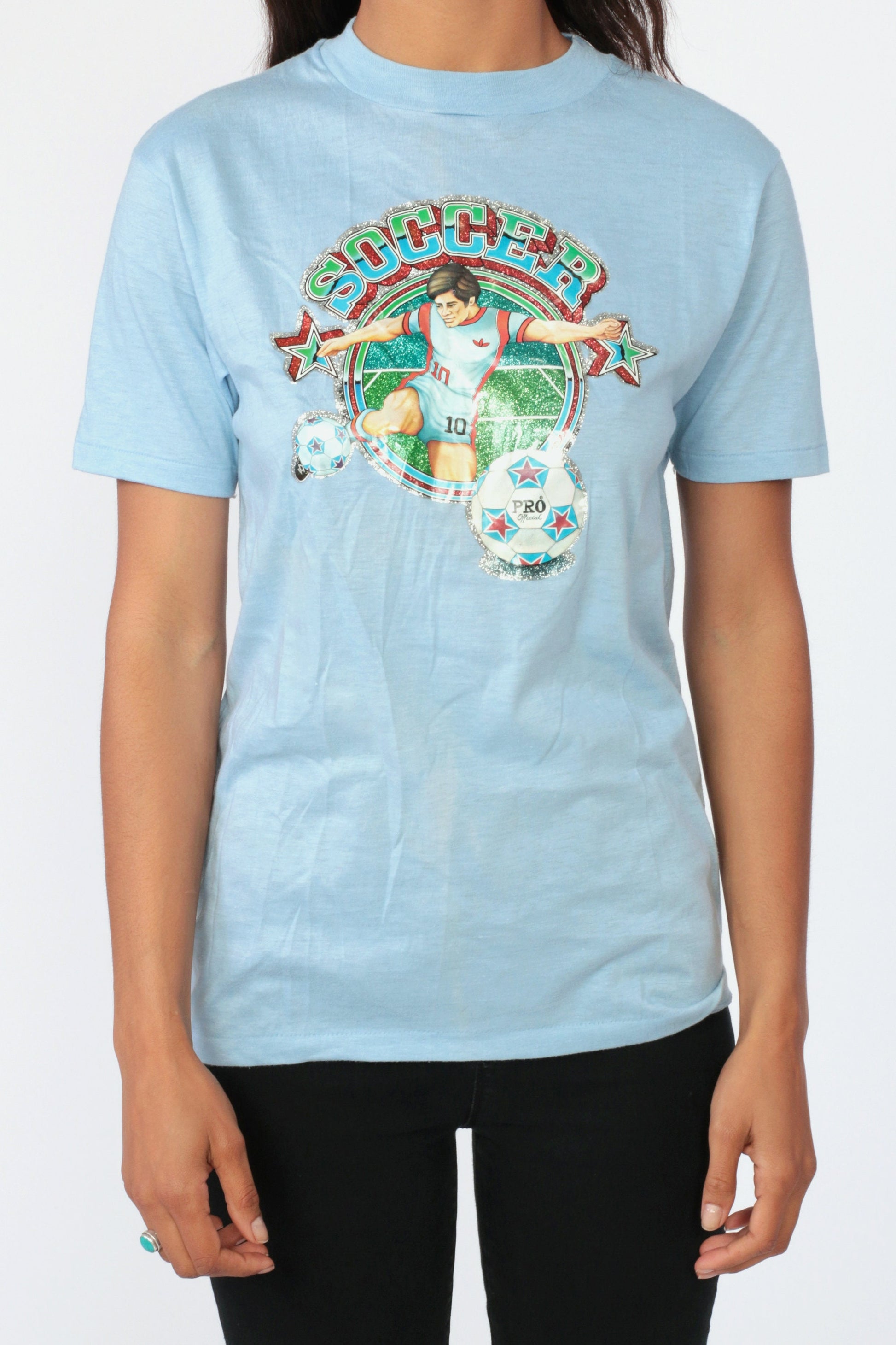 80s Soccer Iron On T-Shirt Baby Blue Graphic Tee Extra Small