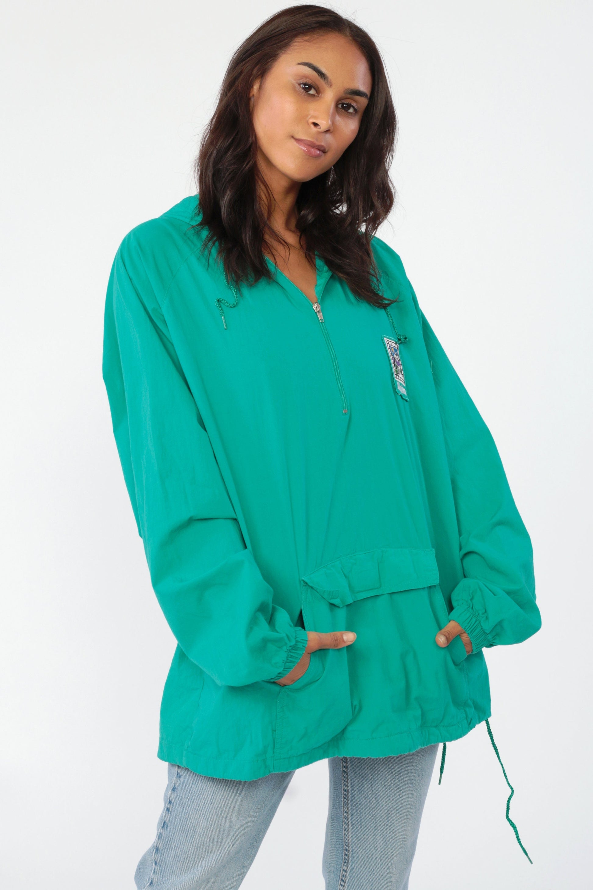 90s Alpine Mountain Hooded Windbreaker Jacket Green Cotton Pullover Large