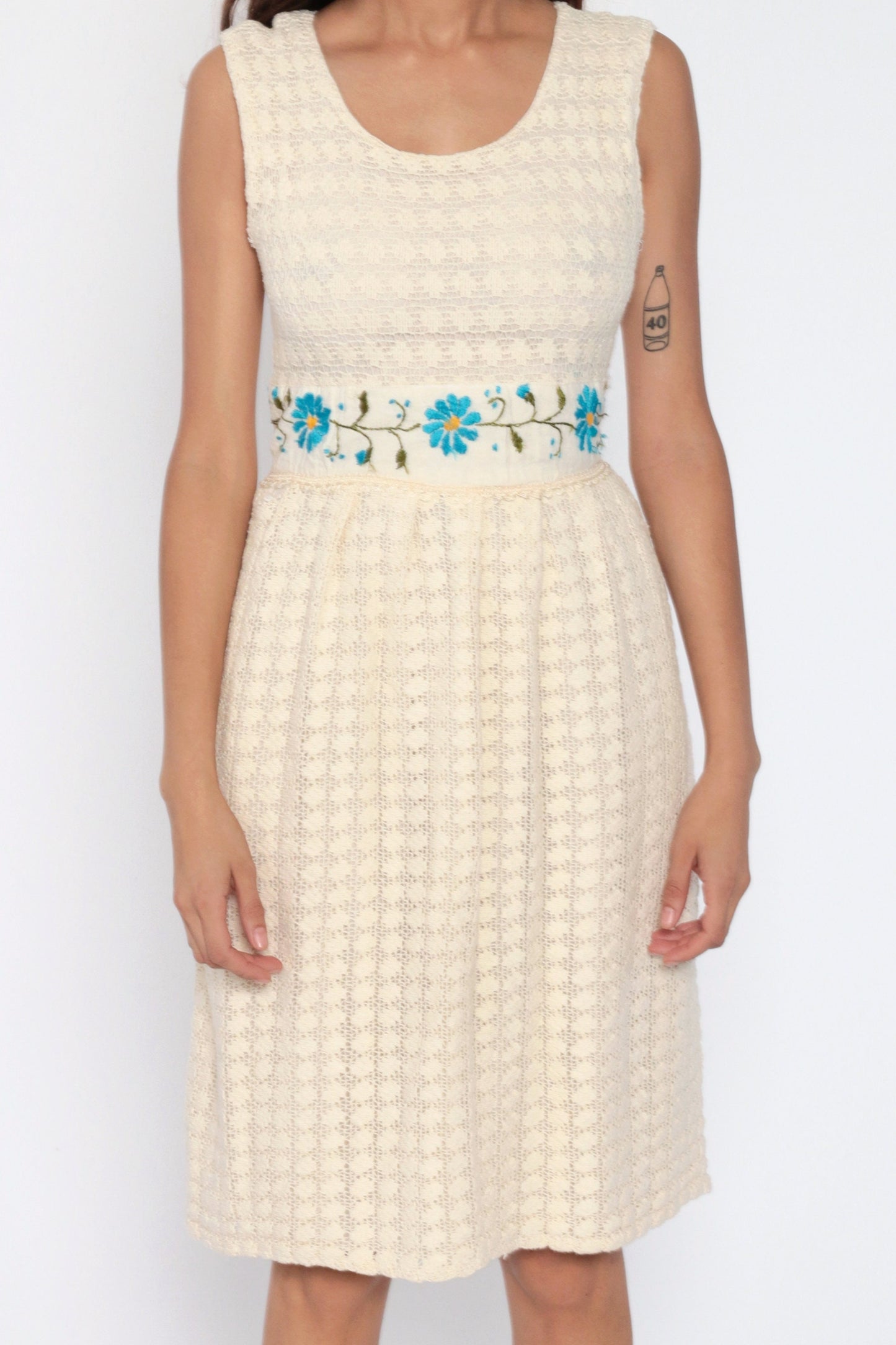 Vintage Mexican Crochet Lace Mini Dress Cream Cotton Floral Embroidered Extra Small