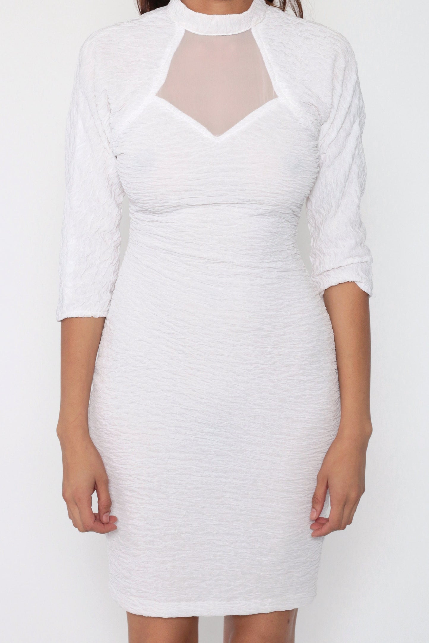 90s White Mini Dress Cutout Back Choker Long Sleeve Bodycon Small