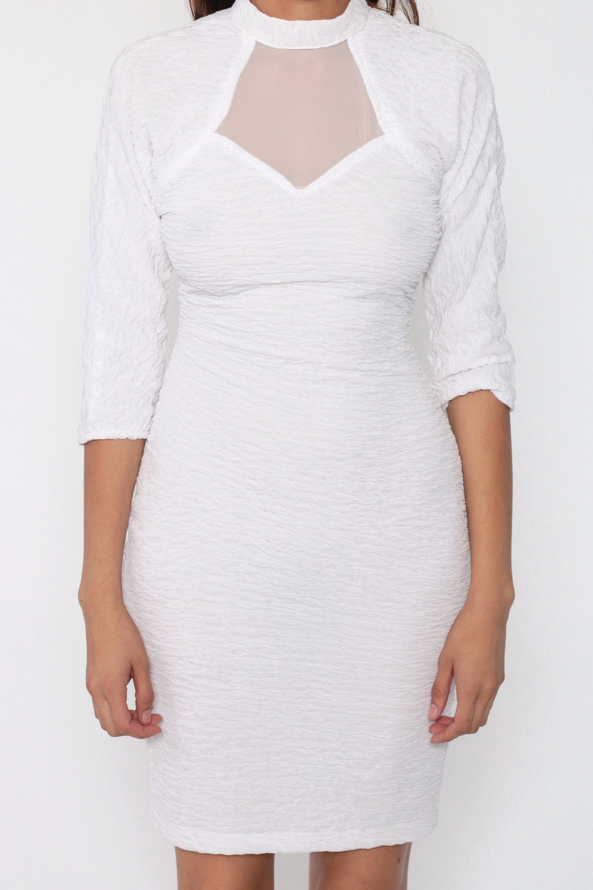 90s White Mini Dress Cutout Back Choker Long Sleeve Bodycon Small