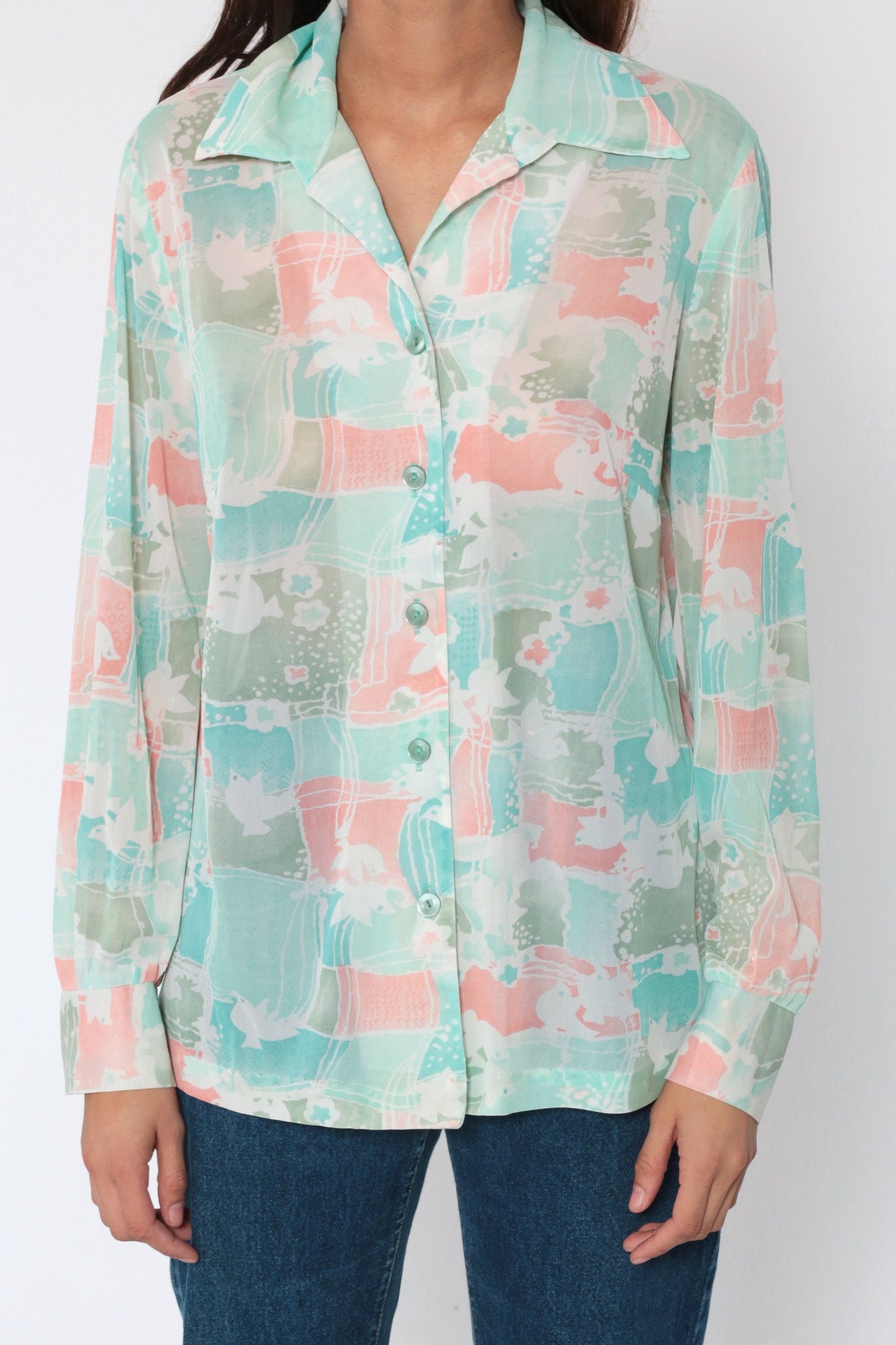 70s Dove Print Button Up Blouse Long Sleeve Patchwork Pink Green Medium