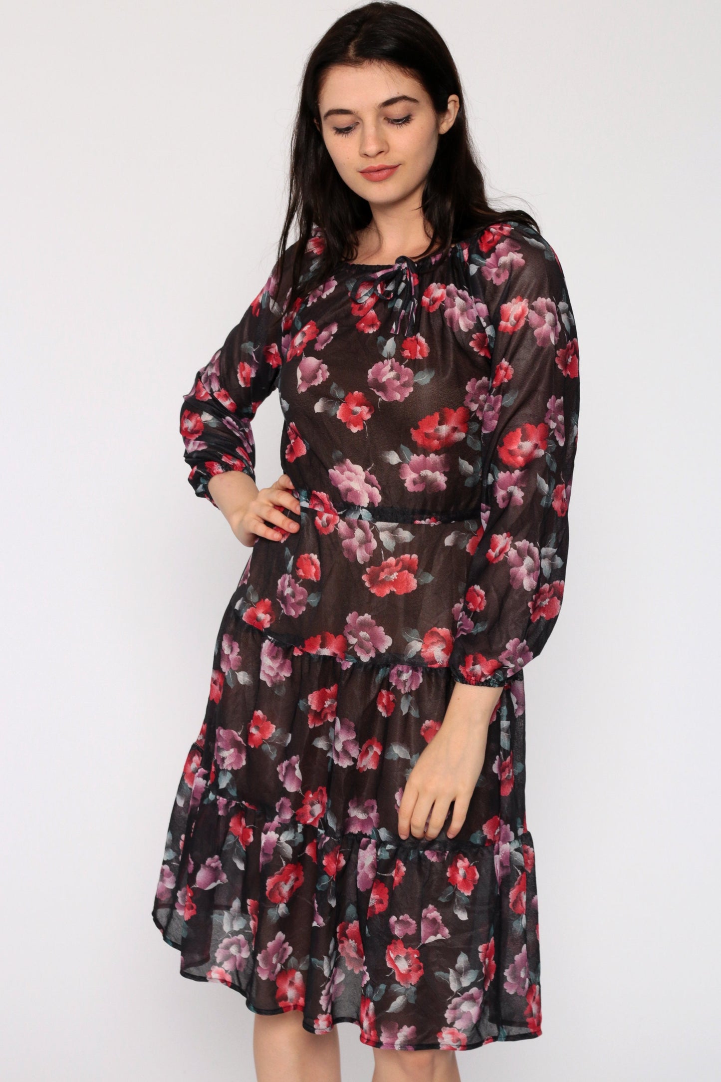 70s Floral Print Midi Dress Tiered Sheer Black High Waist Small