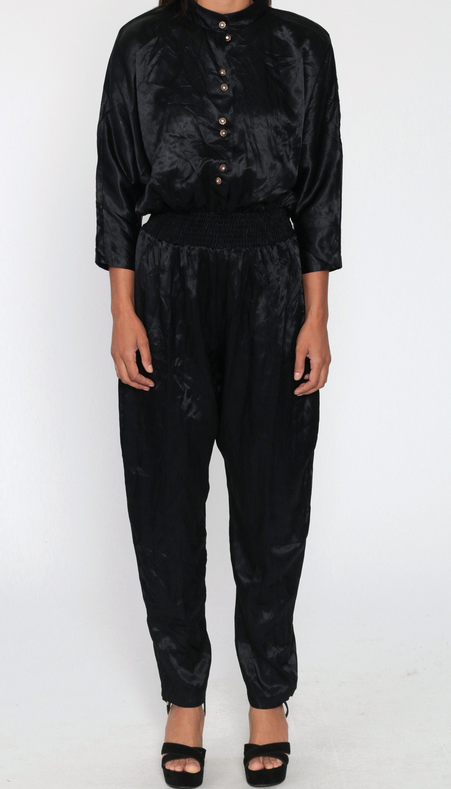 80s Black Satin Jumpsuit Dolman Sleeve Button-Up Tapered Small Medium