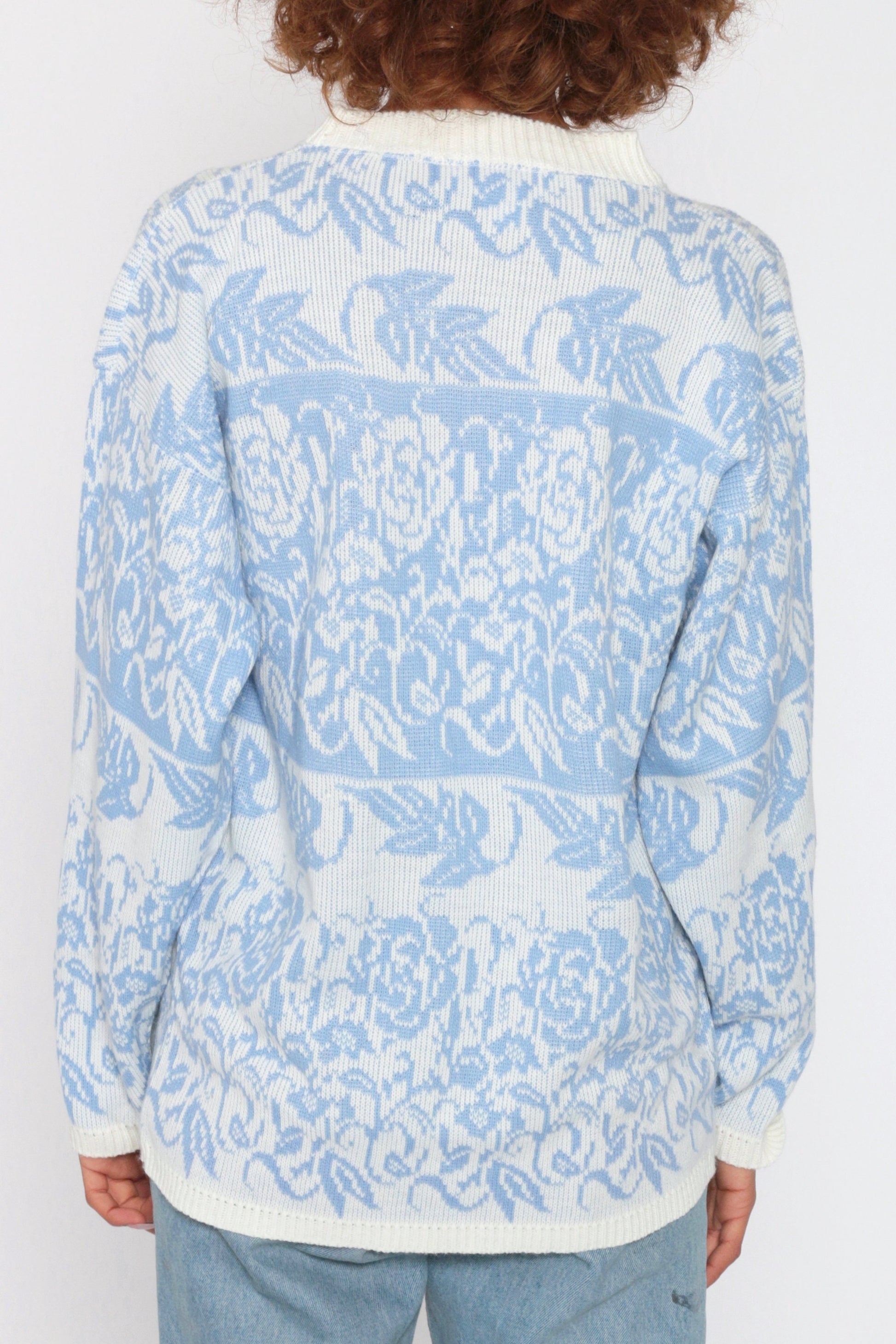 90s Blue Floral Knit Sweater Pullover White Graphic Print Small