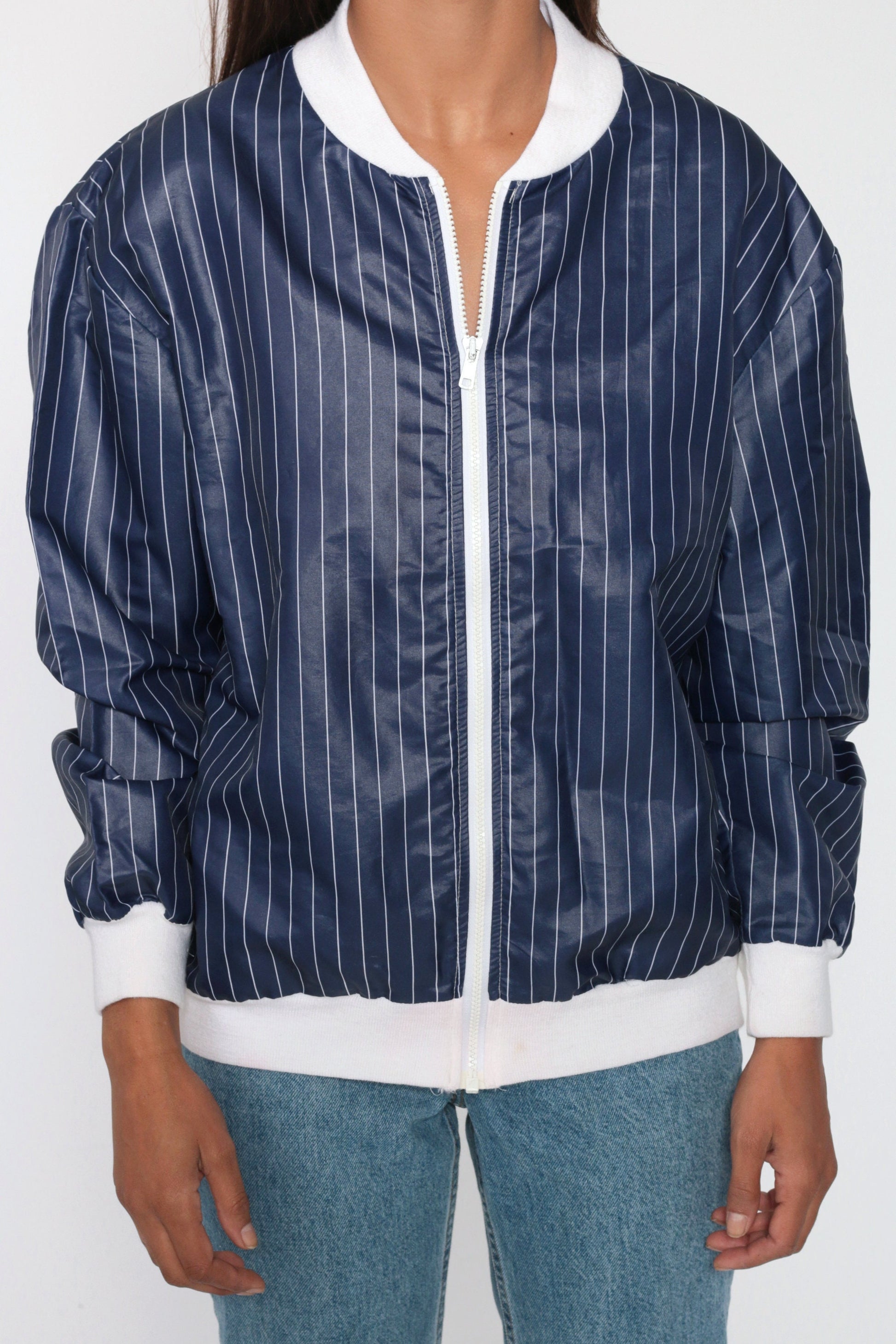80s Pierre Cardin Striped Bomber Jacket Blue White Nylon Windbreaker Medium Large