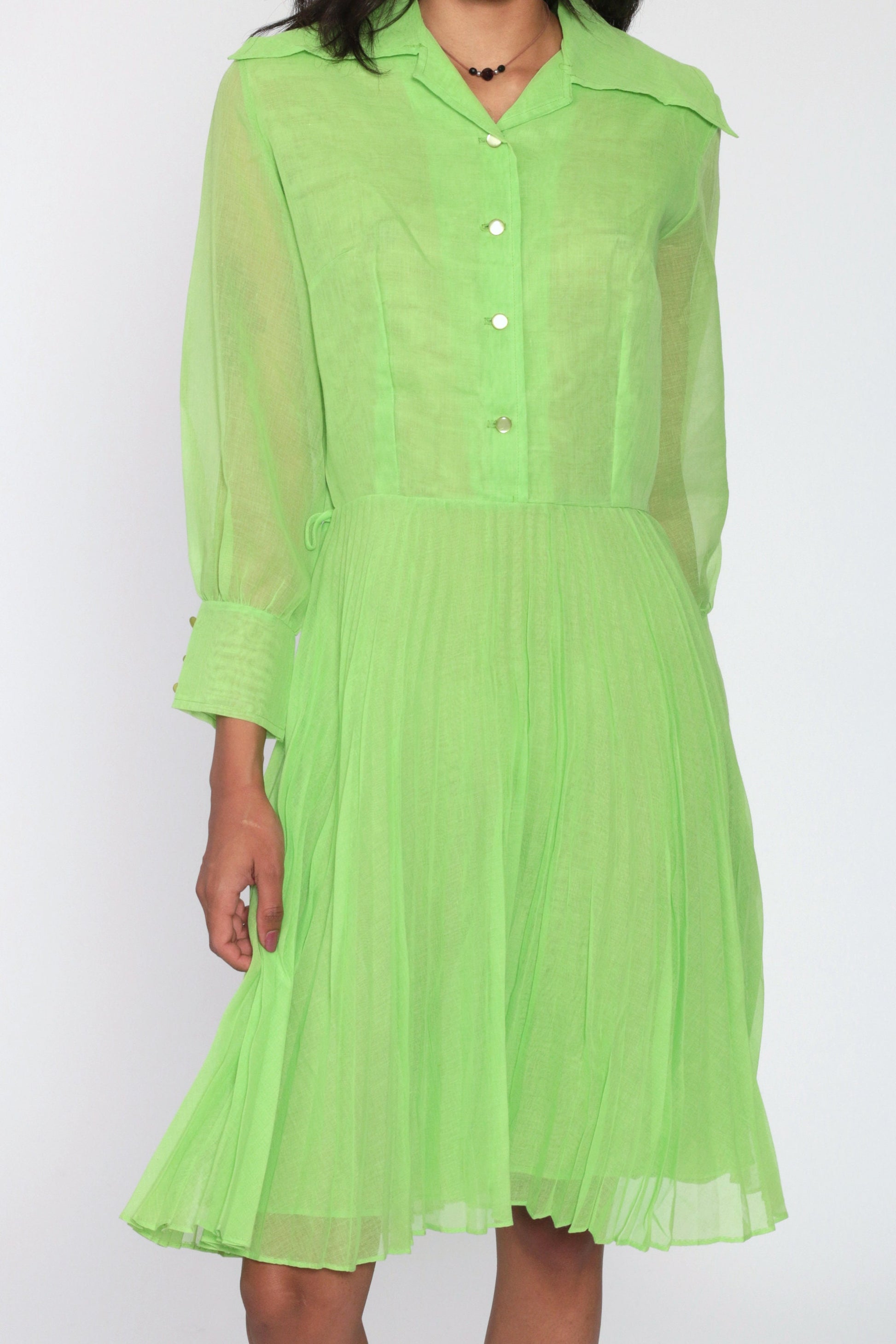 70s Green Sheer Button-Up Dress Pleated High-Waisted Long Sleeve Small