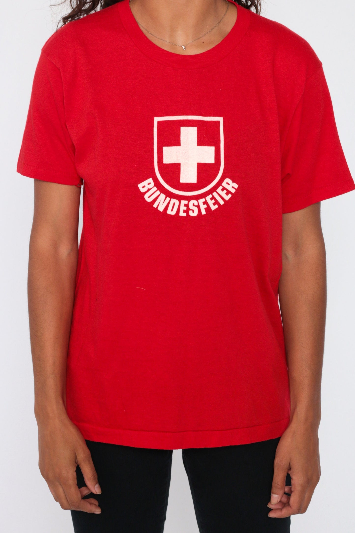 80s Swiss Bundesfeier T-Shirt Red Cotton Graphic Tee Medium
