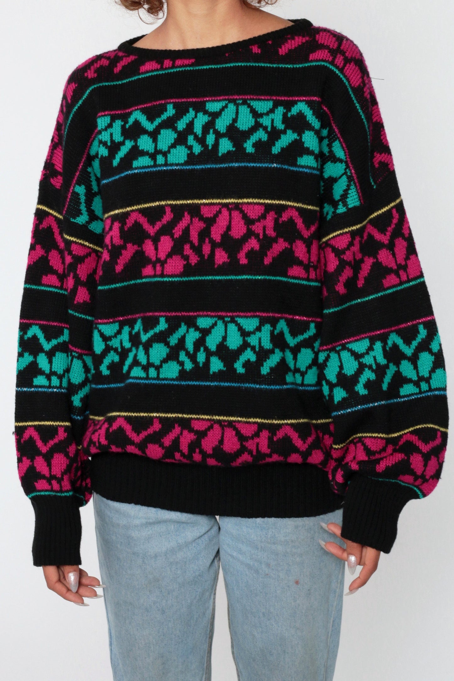 90s Metallic Floral Sweater Black Wool Acrylic Knit Pullover Large