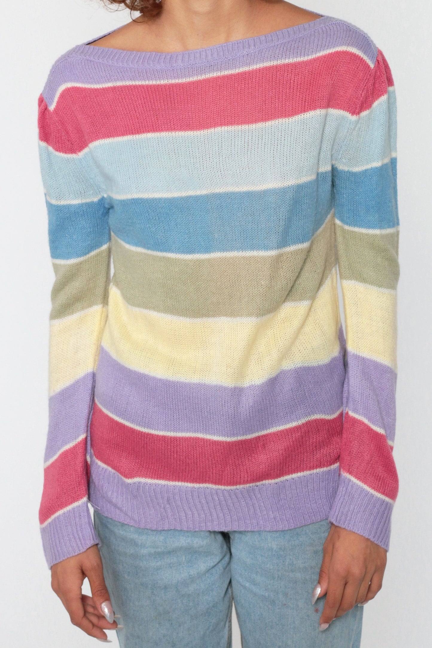 80s Pastel Striped Boatneck Sweater Puff Sleeve Knit Pullover Small