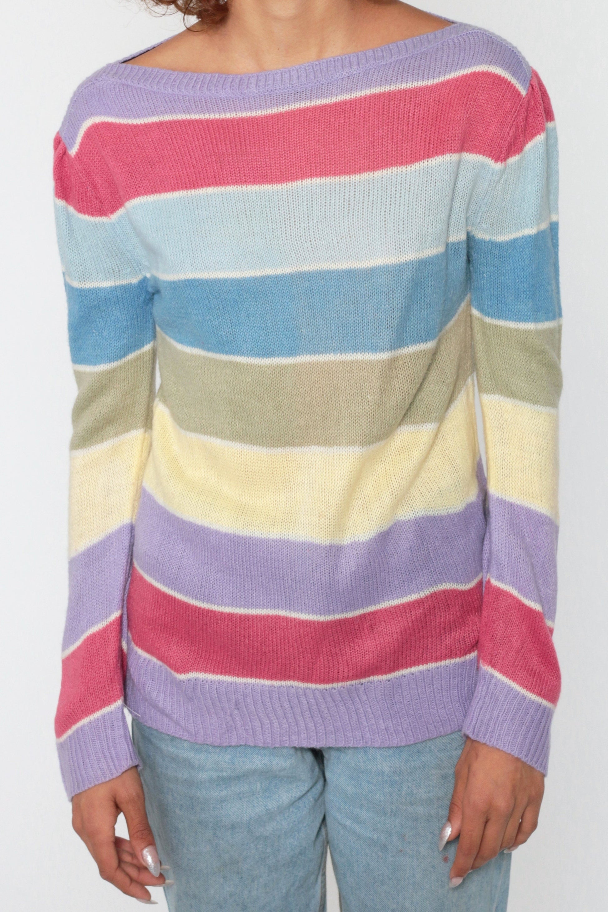 80s Pastel Striped Boatneck Sweater Puff Sleeve Knit Pullover Small