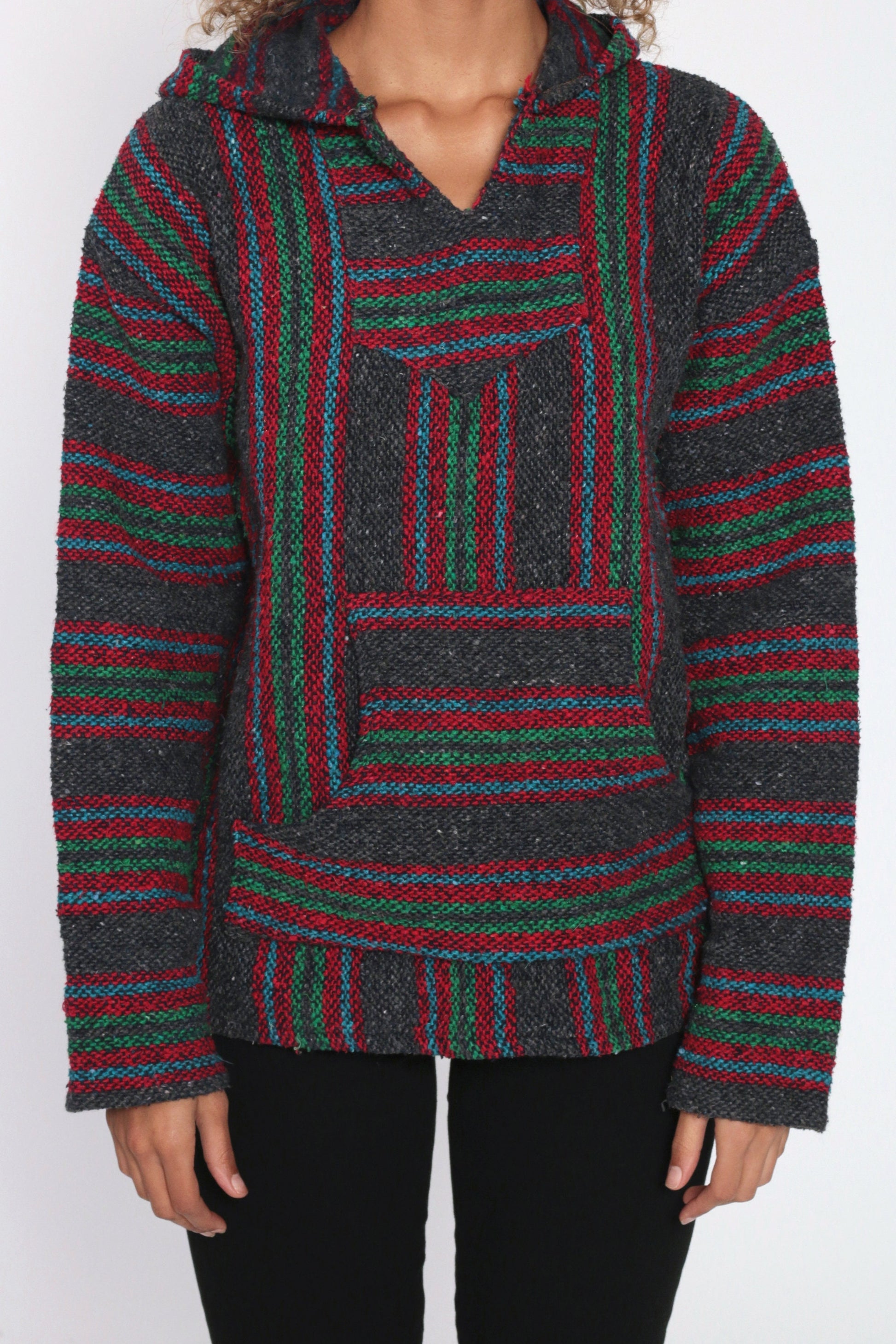 90s Mexican Drug Rug Baja Hoodie Grey Red Stripe Kangaroo Pocket Large