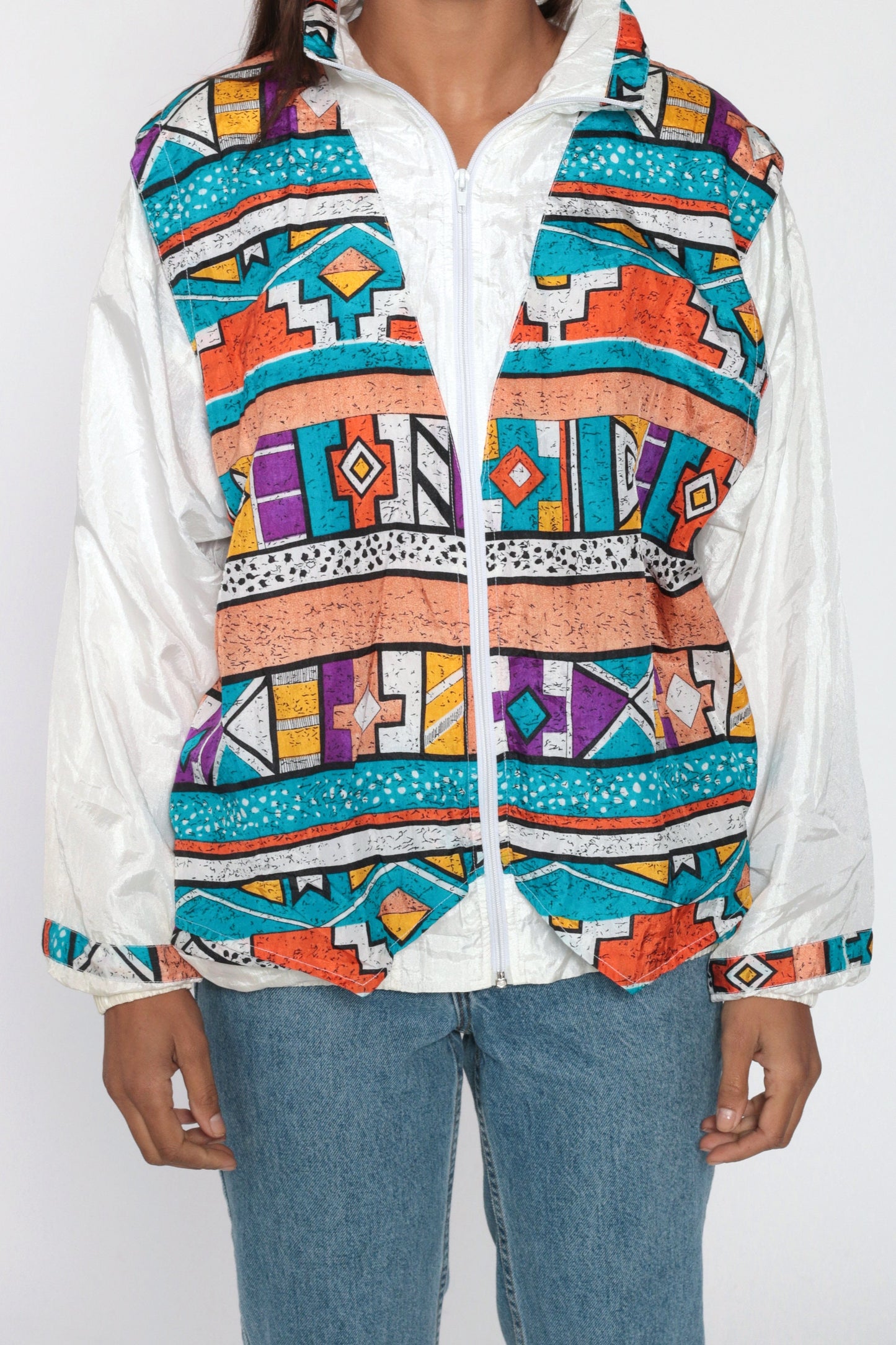 90s Tribal Geometric Windbreaker Jacket White Southwestern Nylon Medium Large