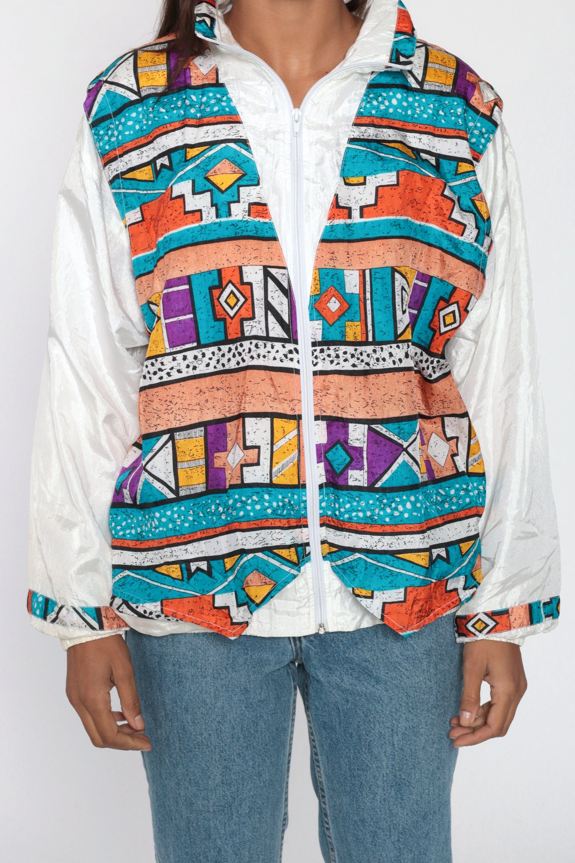 90s Tribal Geometric Windbreaker Jacket White Southwestern Nylon Medium Large