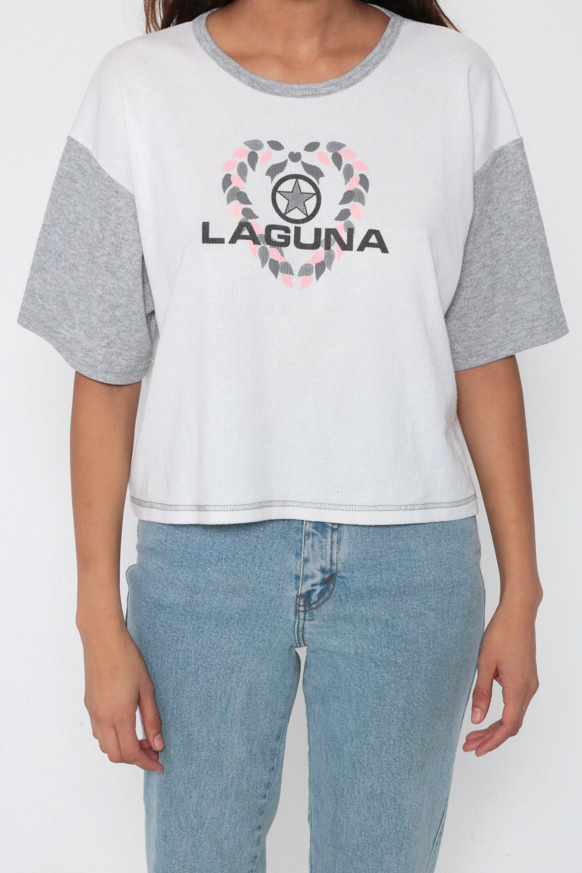 80s Laguna Colour Block Crop Top Grey White T-Shirt Medium