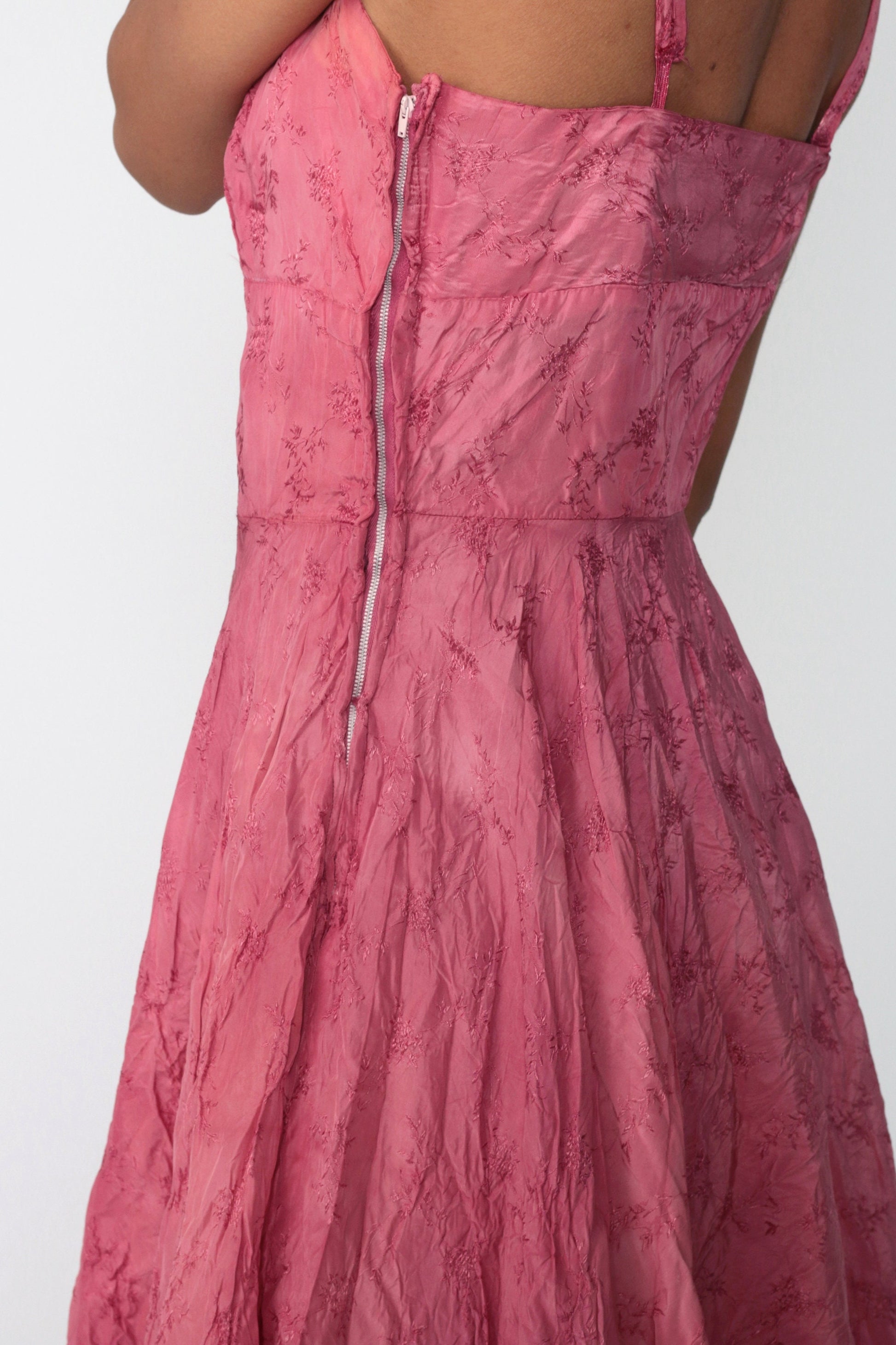 1950s Pink Floral Embroidered Midi Dress Spaghetti Strap High Waist Extra Small