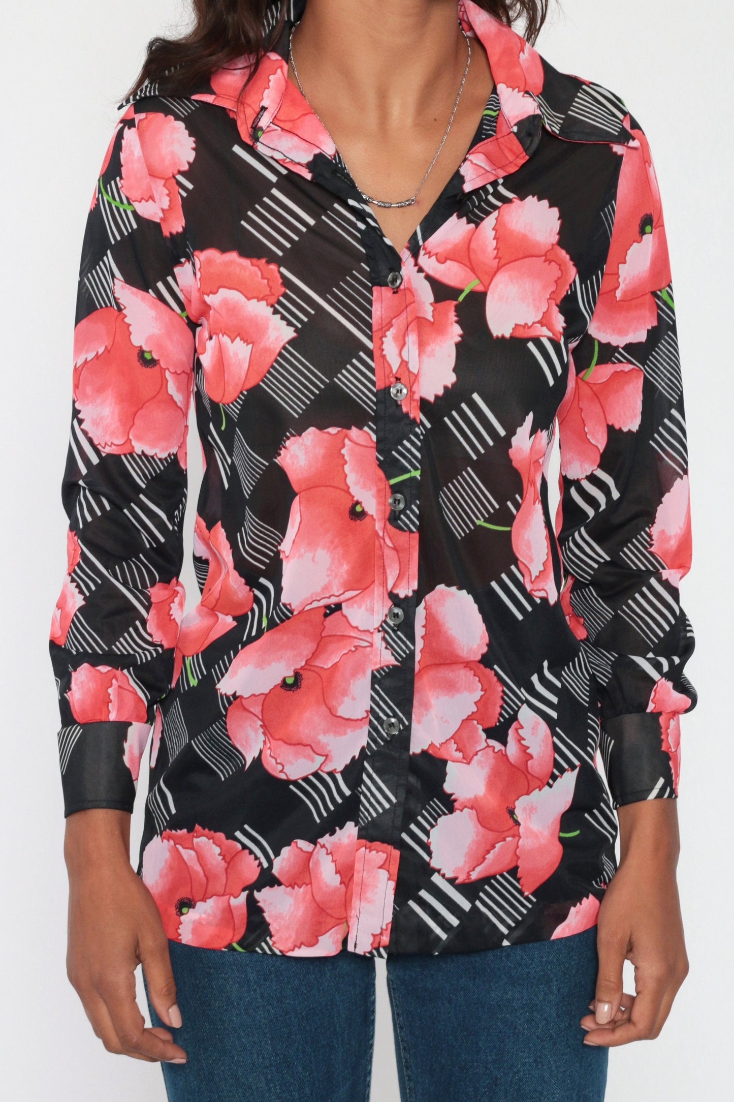 70s Jantzen Sheer Floral Poppy Blouse Black Pink Button Up Long Sleeve Small