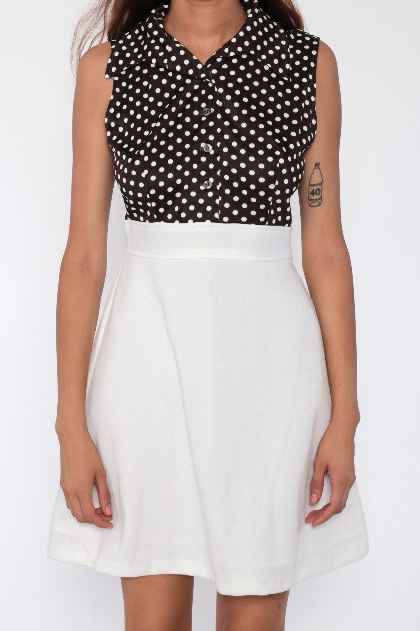 70s Brown Polka Dot Babydoll Dress Empire Waist Button Front Mini White Small