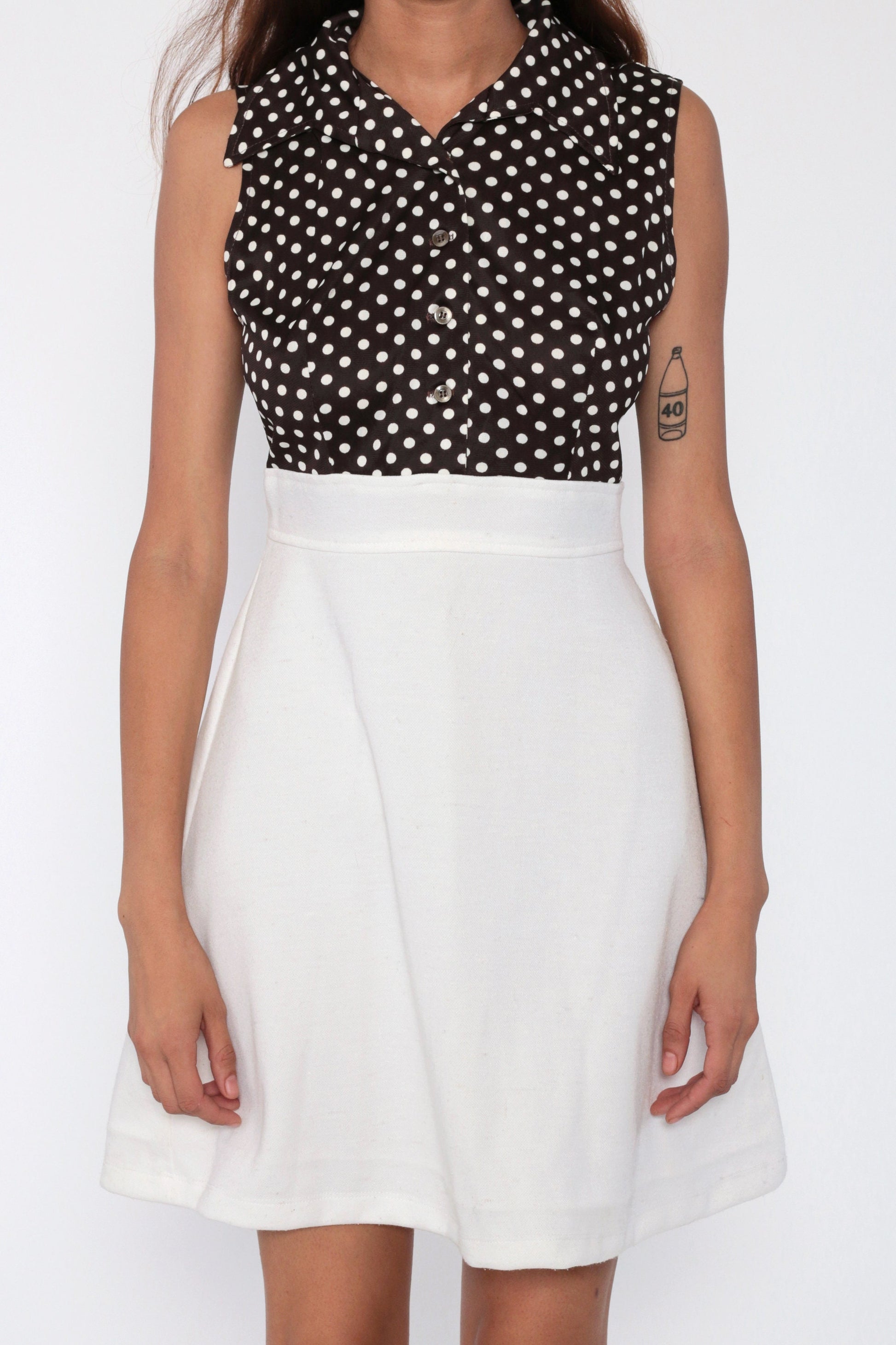 70s Brown Polka Dot Babydoll Dress Empire Waist Button Front Mini White Small