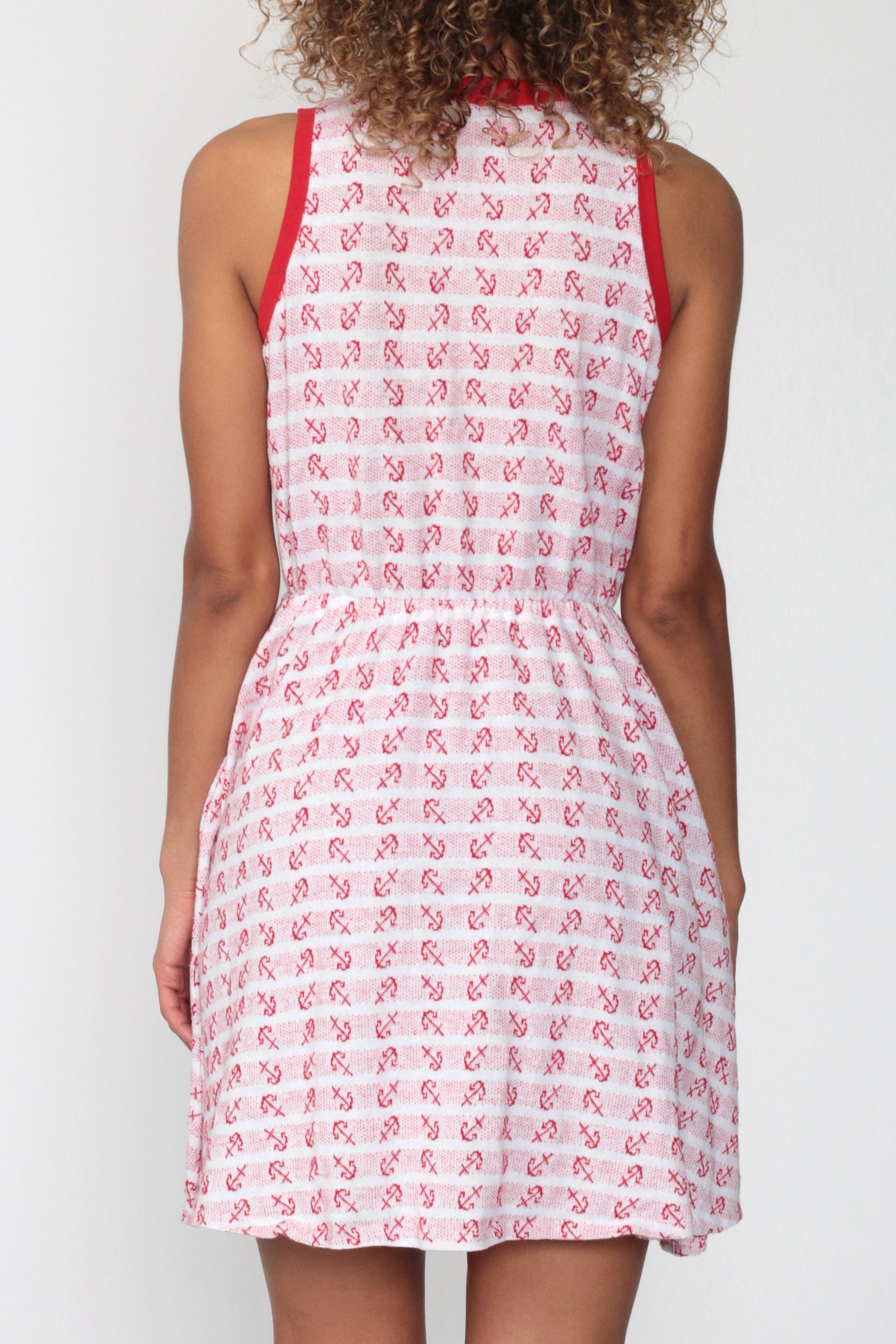 70s Nautical Anchor Mini Dress High Waist Ringer Red White Small