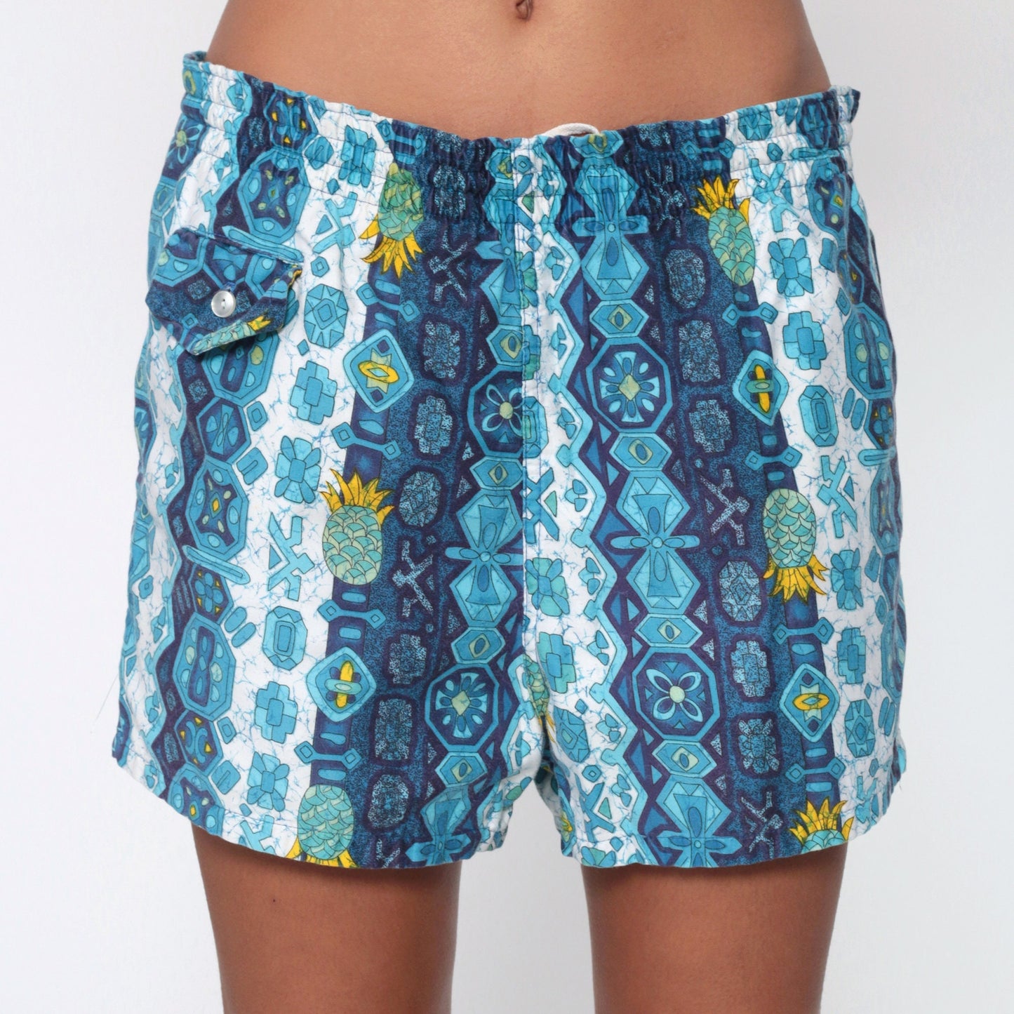 80s Pineapple Kaleidoscope Geometric Swim Shorts Blue Small Medium