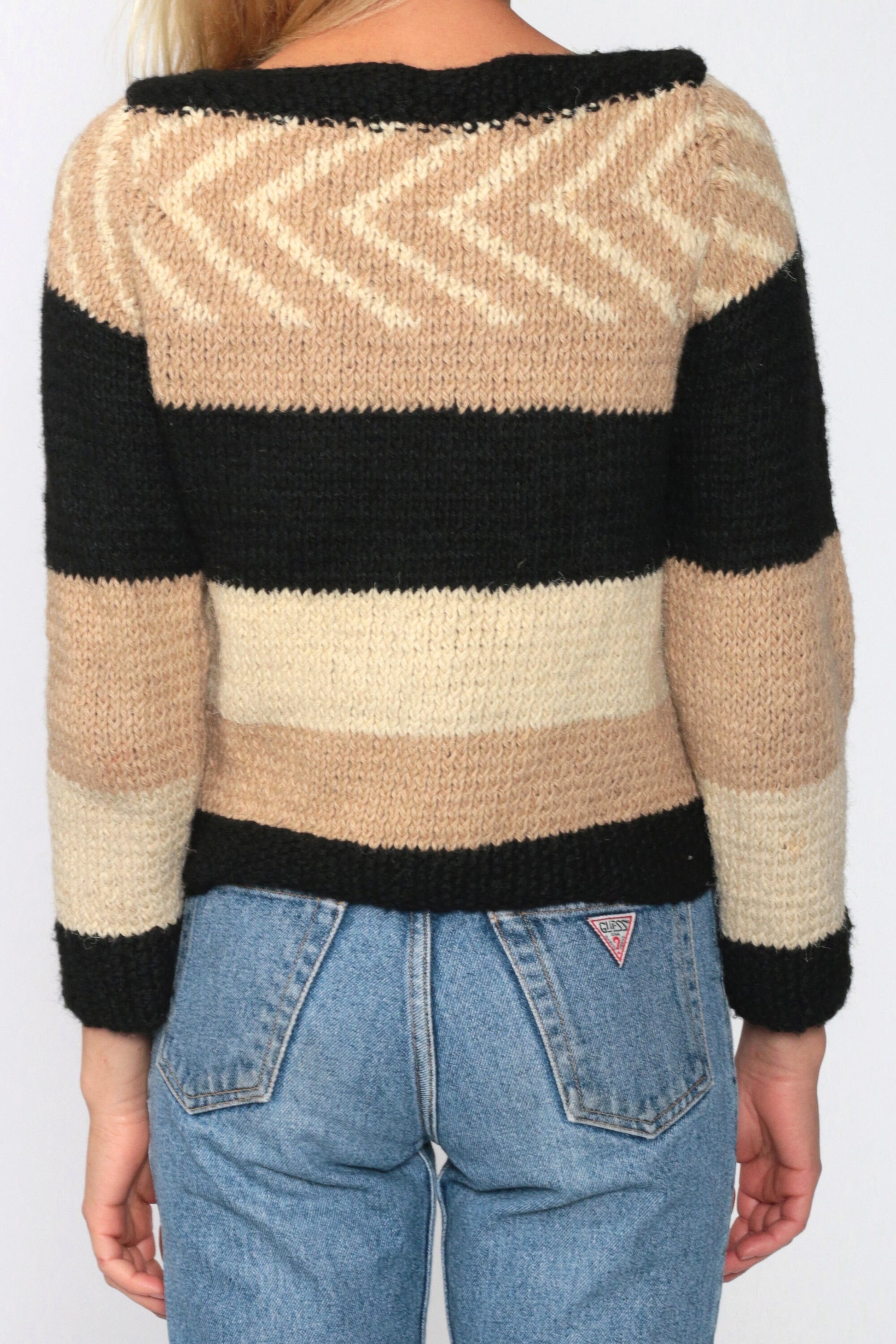 80s Handmade Wool Striped Boat Neck Sweater Tan Cream Black Cropped Extra Small