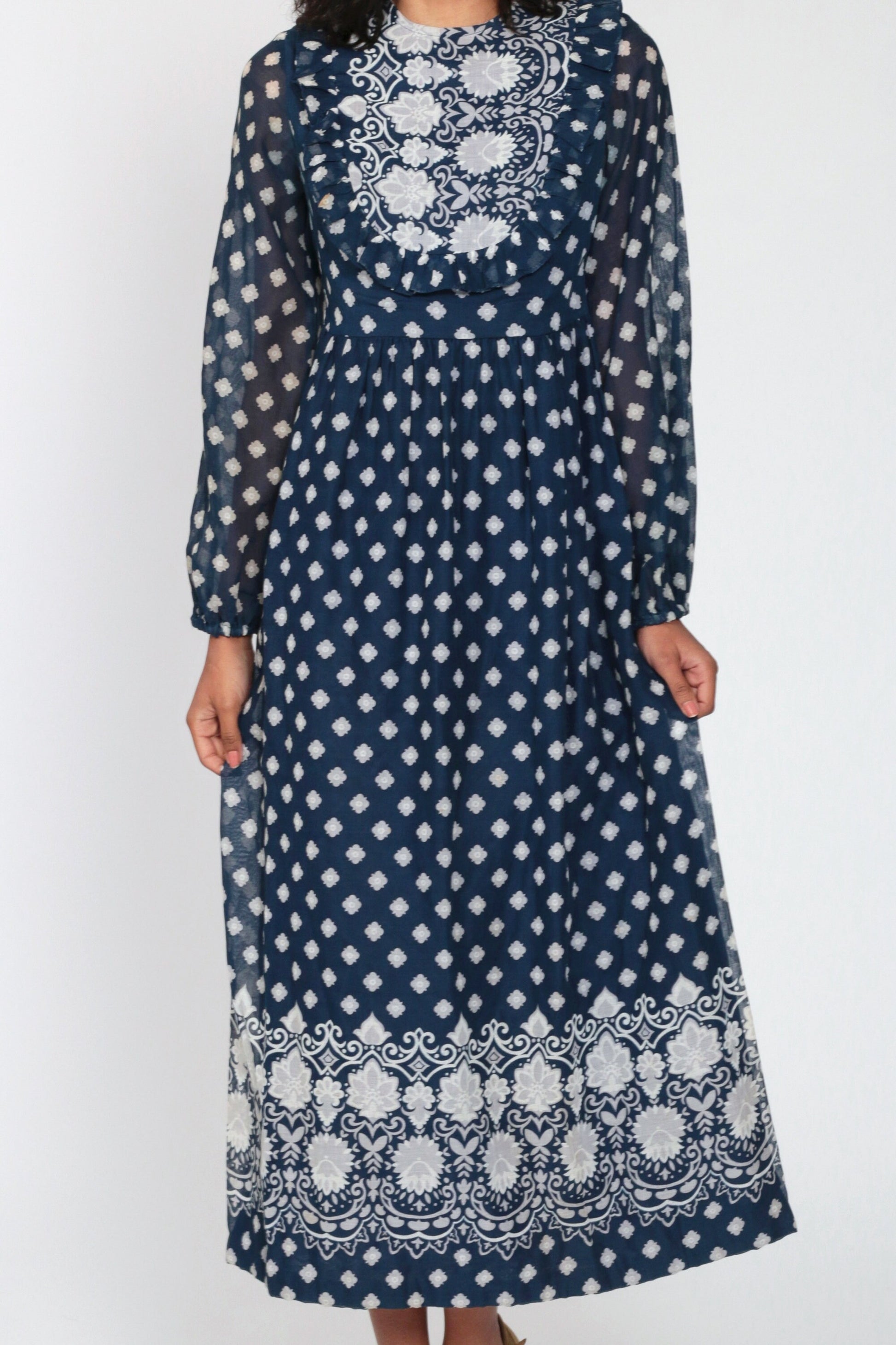 70s Navy Floral Maxi Dress Ruffled Bib High Waist Sheer Sleeves Small