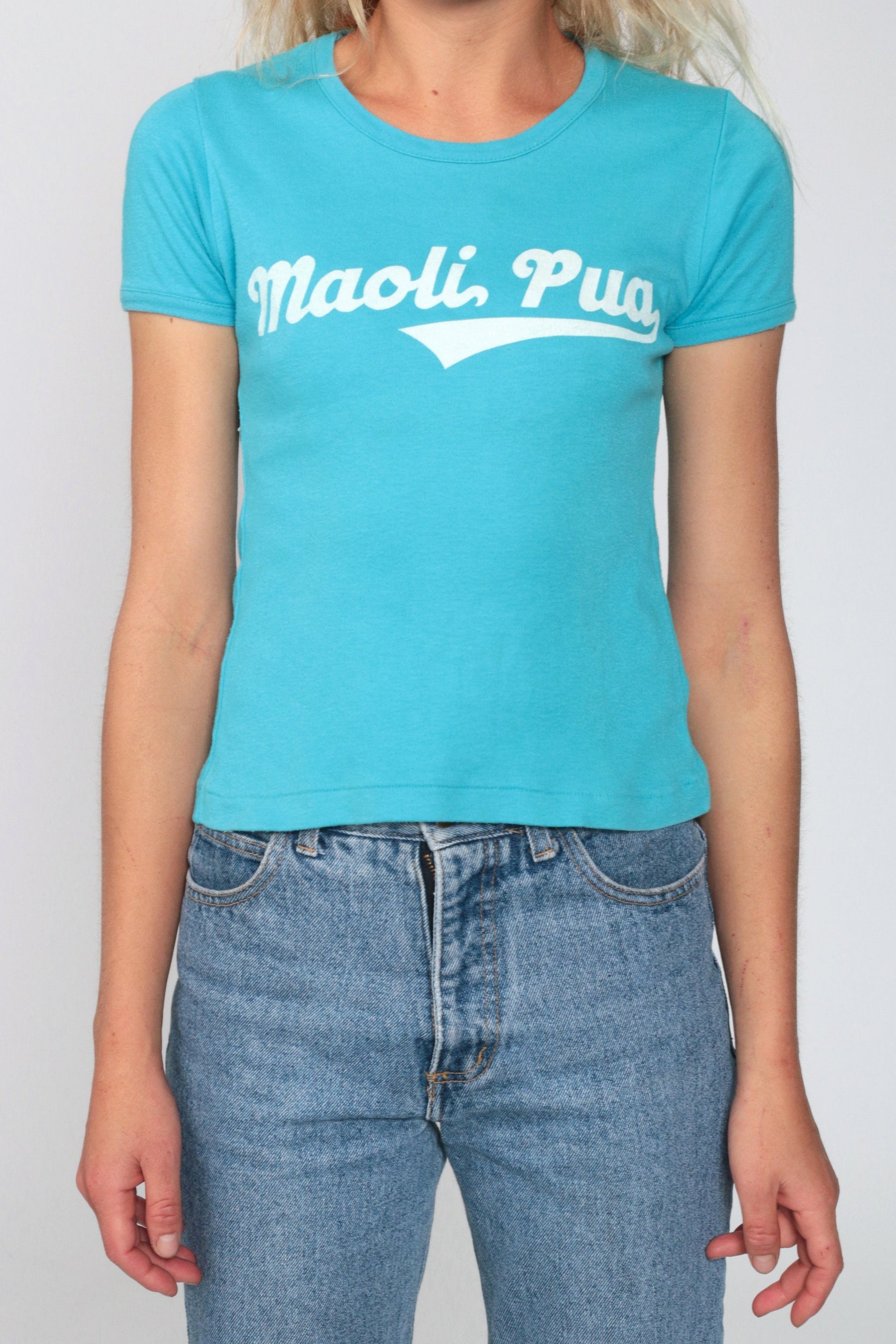 1970s Maoli Pua Hawaiian Graphic Baby Tee Blue Cap Sleeve Small