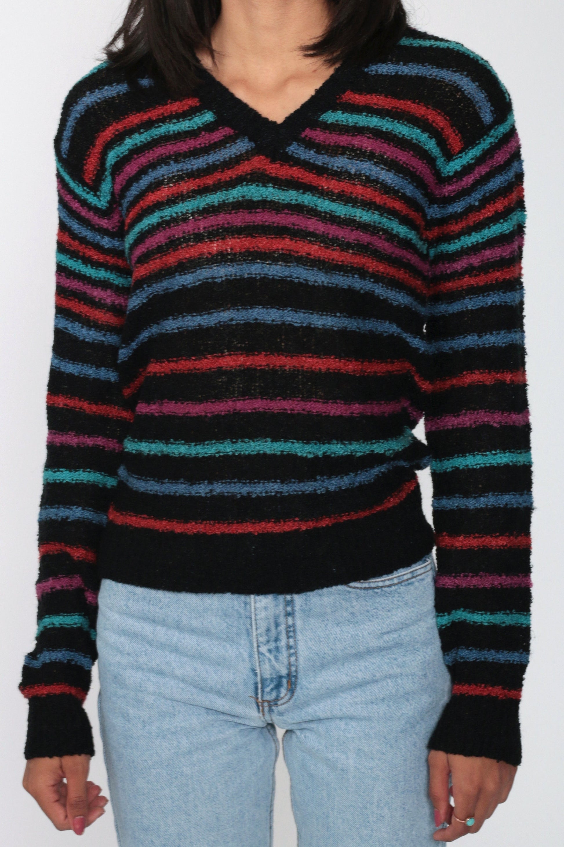 80s Black Striped V-Neck Sweater Pullover Knit Small