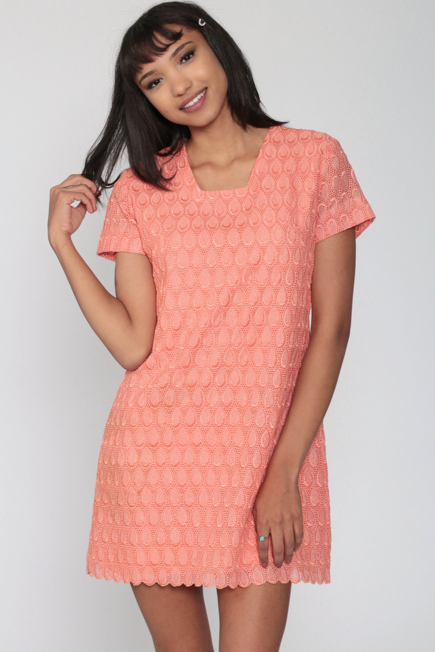 60s Orange Lace Mini Dress Shift Cocktail Short Sleeve Small