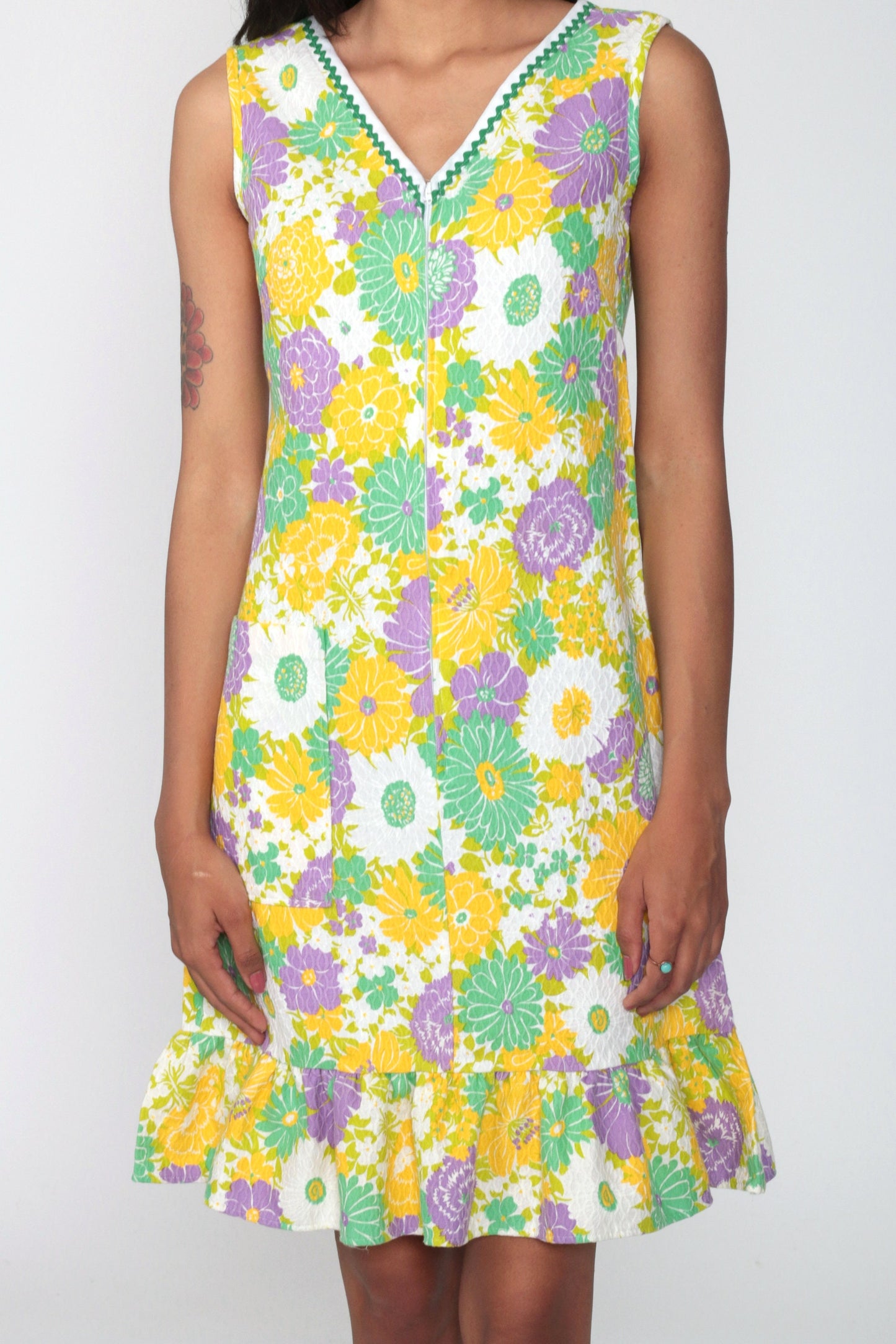 70s Floral Mini Shift Dress Yellow Green Psychedelic Front Zip Sleeveless Small