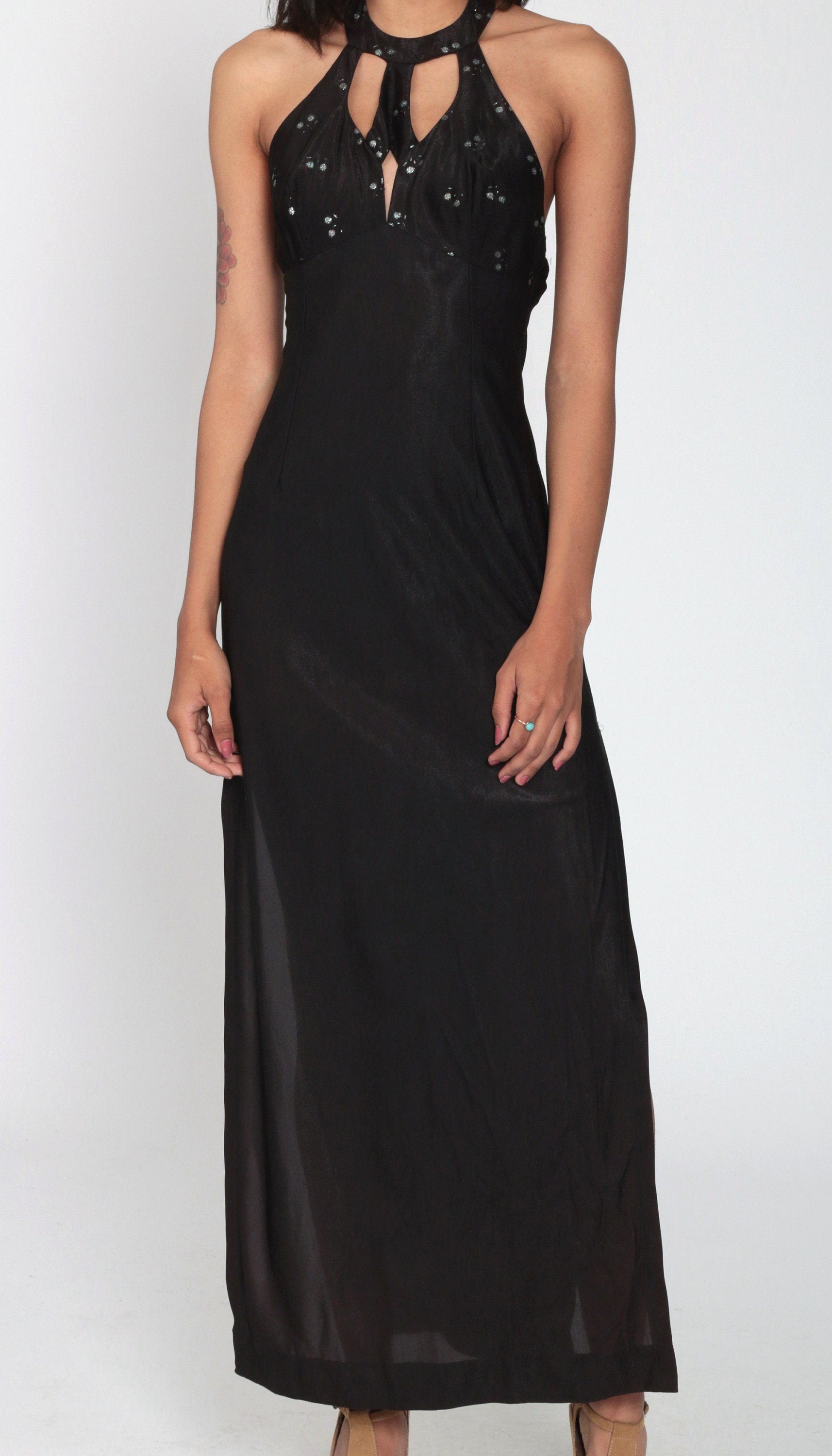 70s Frederick's of Hollywood Black Glitter Maxi Dress Halter Cutout Extra Small