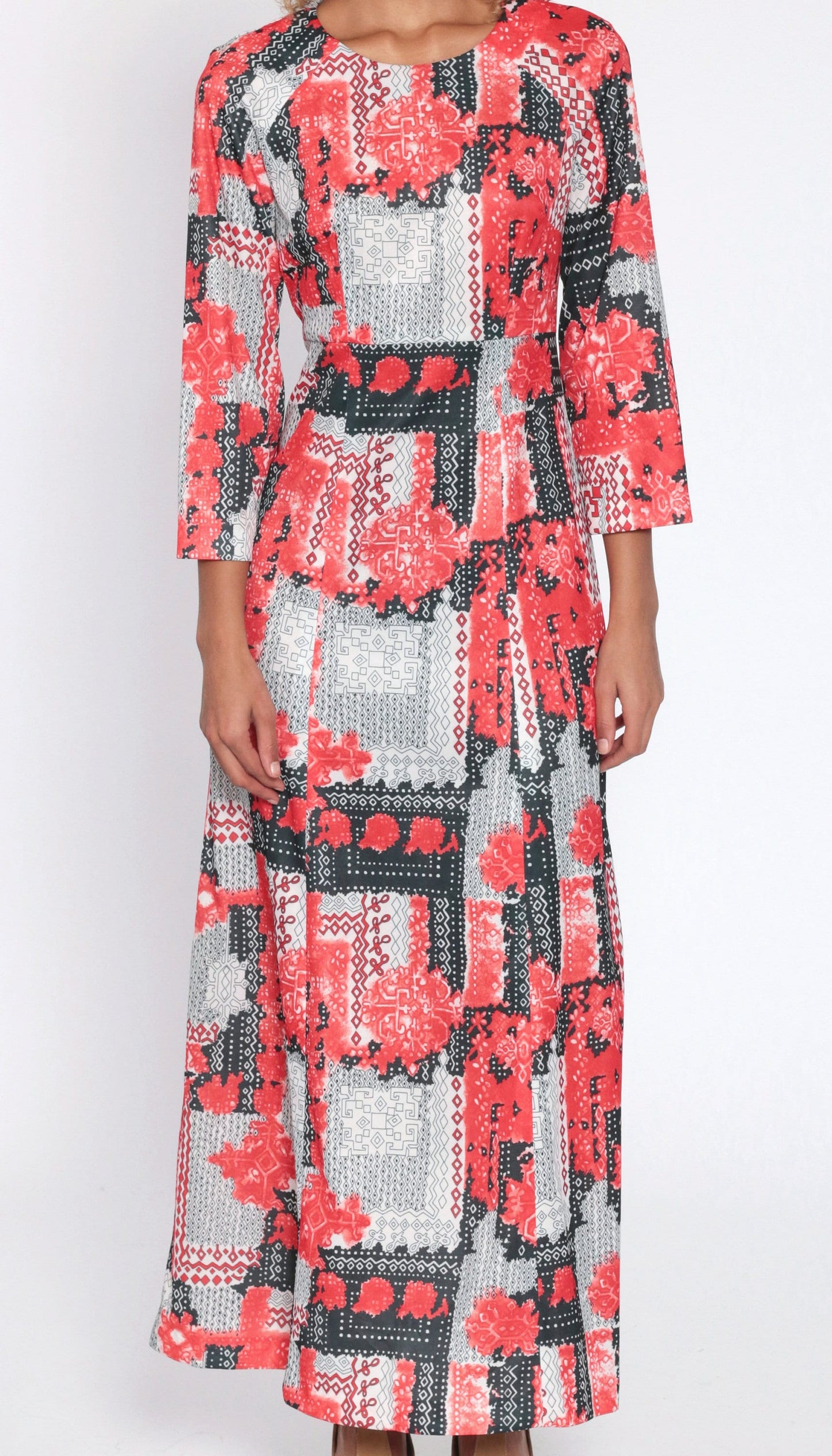70s Abstract Geometric Maxi Dress High Waist Long Sleeve Red White Black Small