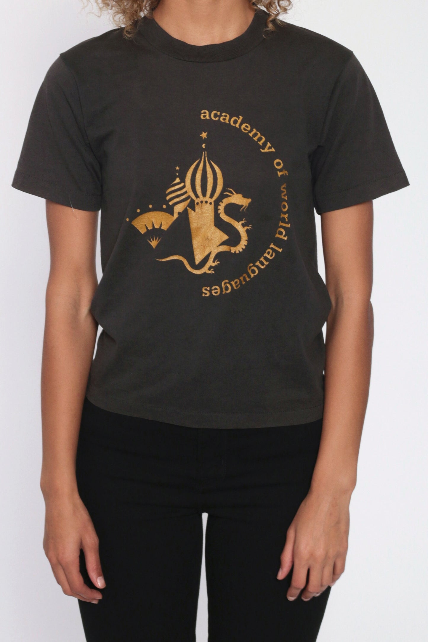 Academy of World Languages Graphic T-Shirt Black Single Stitch 90s Extra Small XS
