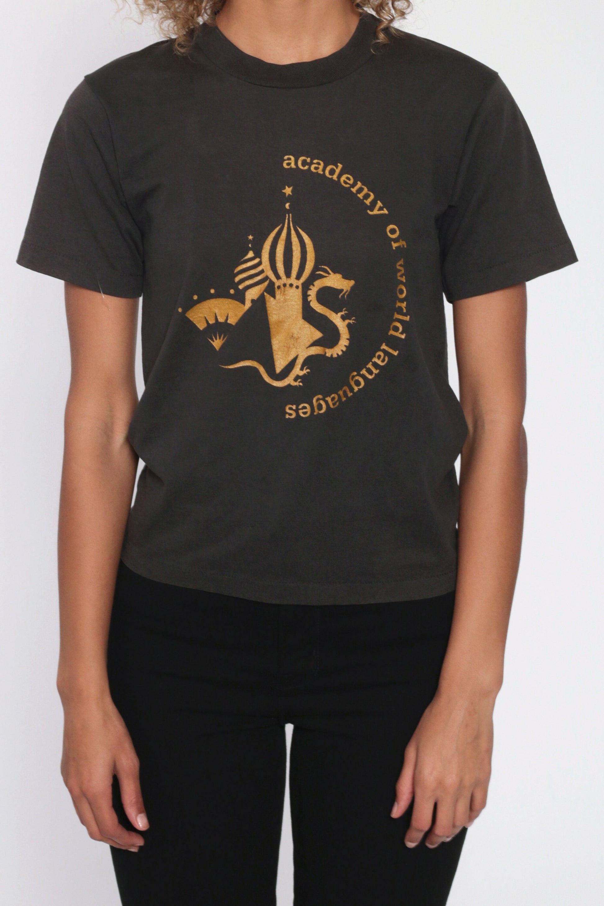 Academy of World Languages Graphic T-Shirt Black Single Stitch 90s Extra Small XS
